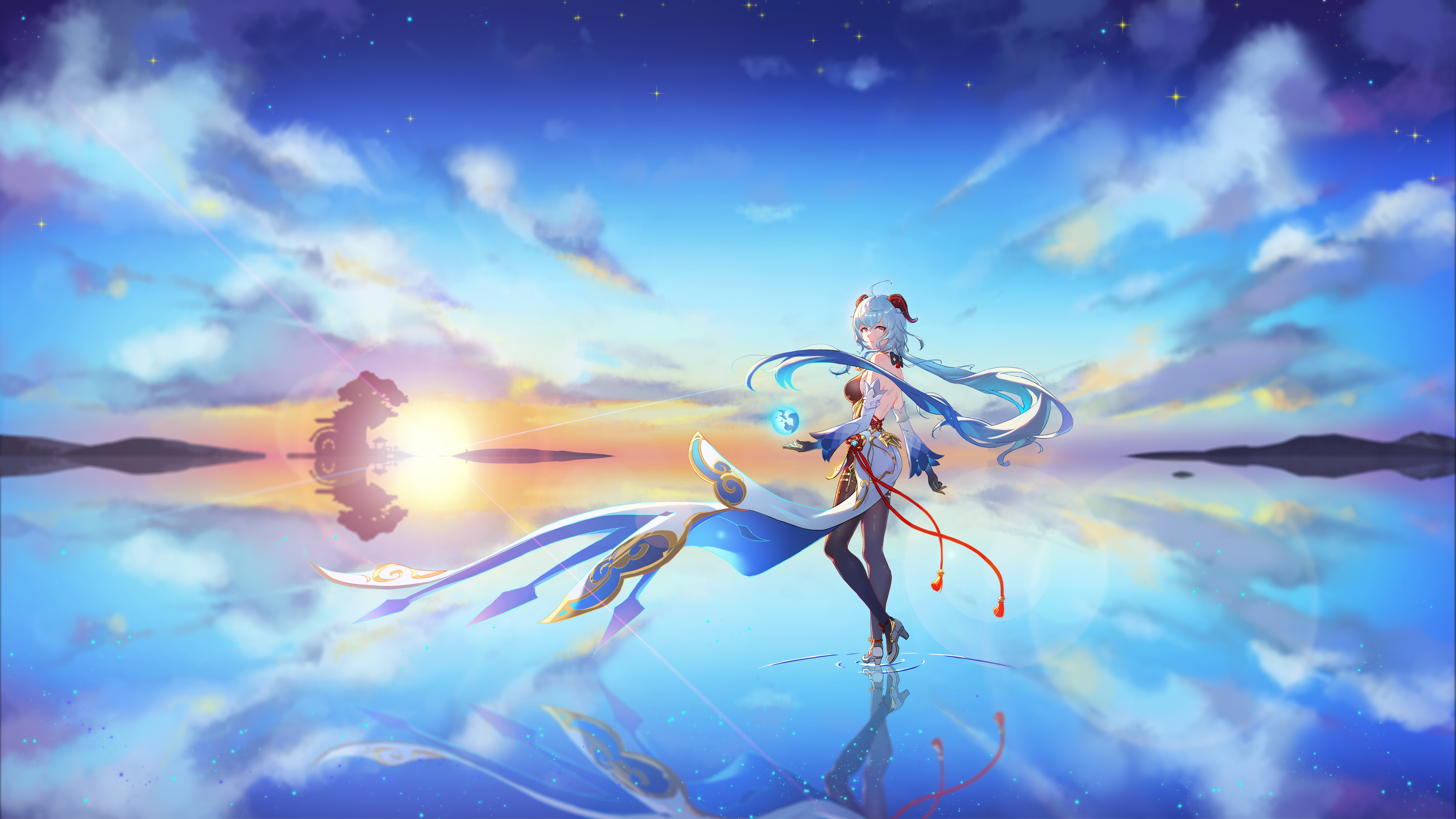 Anime 6236x3508 digital art video game art Genshin Impact Ganyu (Genshin Impact) horns water sea sky clouds reflection Sun anime girls long hair blue hair purple eyes stars sunlight
