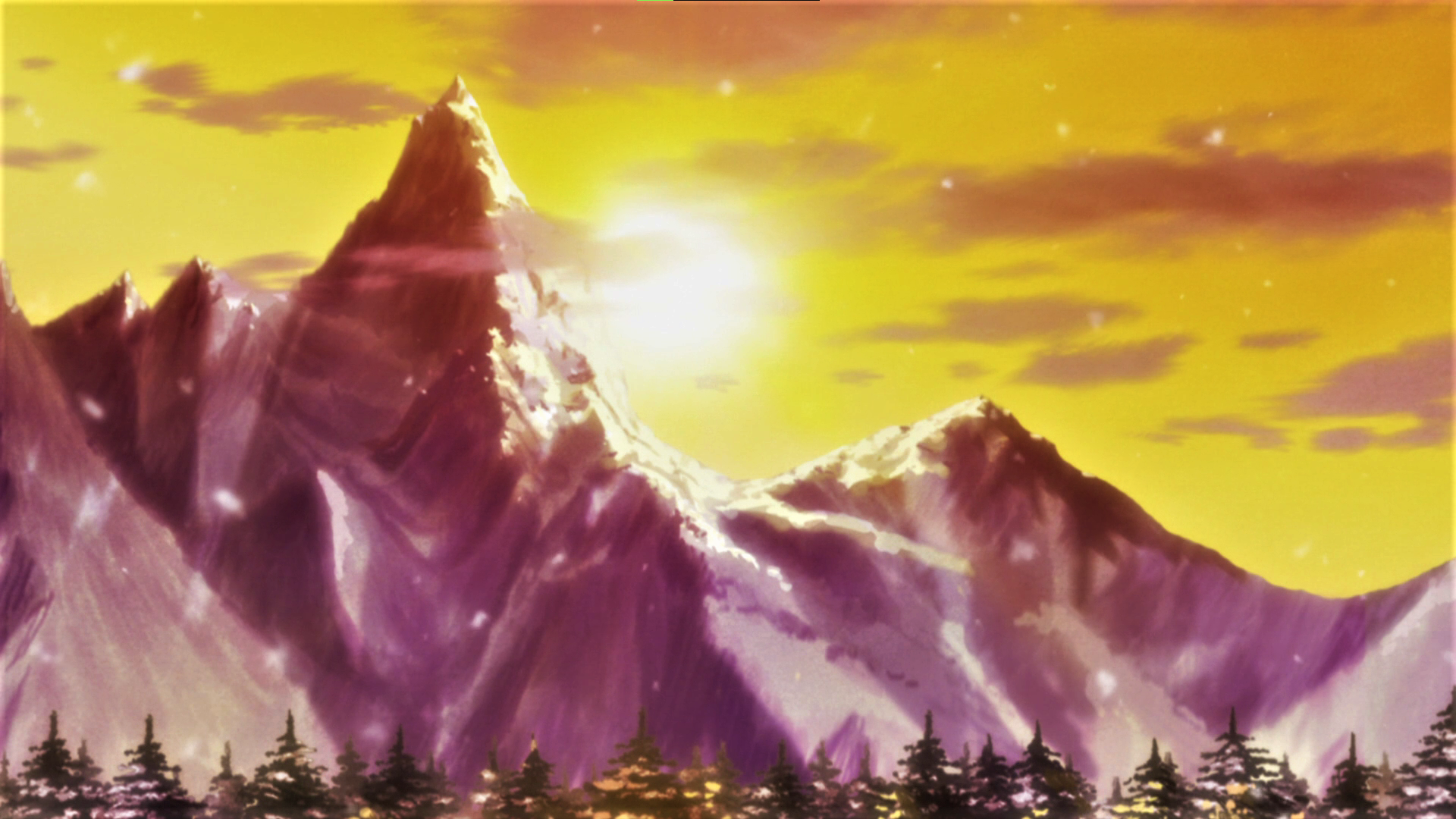 Anime 1920x1080 Hunter x Hunter mountains trees Sun sunset sunset glow sky clouds anime Anime screenshot sunlight