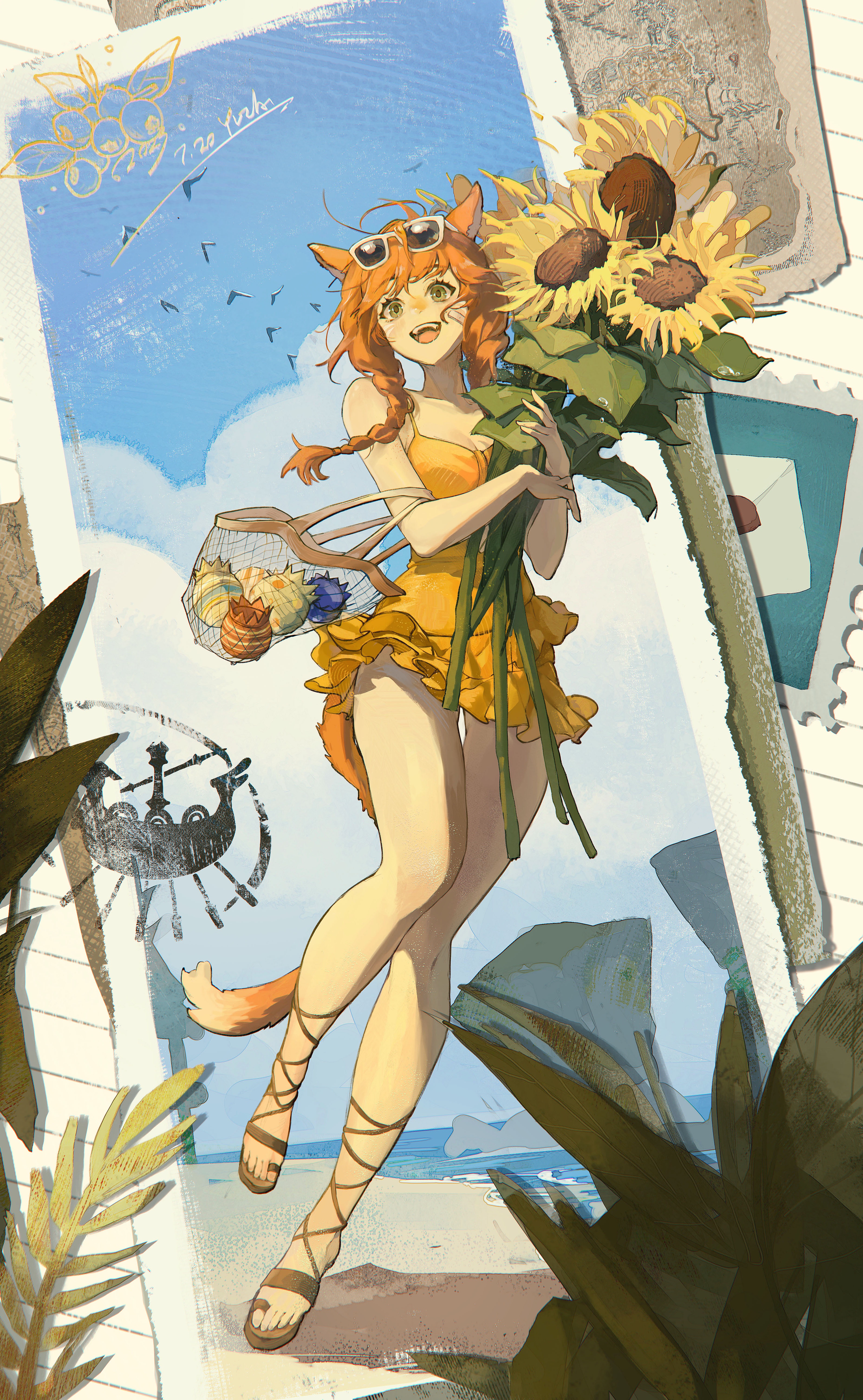 Anime 3717x6030 Final Fantasy picture anime girls portrait display Warrior of Light (Final Fantasy) Bomb (Final Fantasy) dress yellow dress sunflowers yellow flowers notebooks bouquets sunglasses twintails smiling beach redhead green eyes sandals braids Yuzaiii signature frill dress long hair animal ears cat ears frills leaves tail sleeveless sky clouds standing on one leg