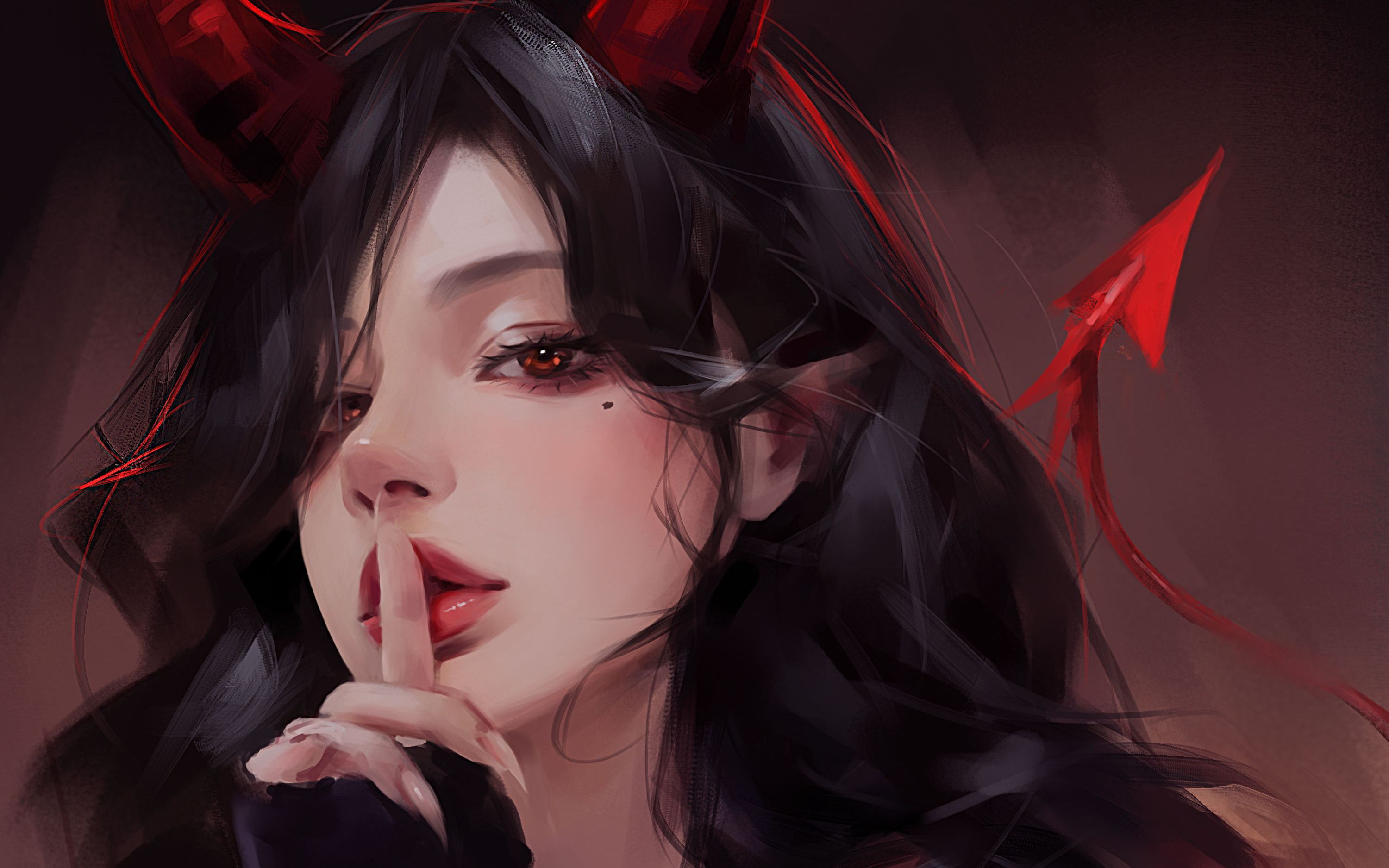 General 3000x1875 women artwork TEAMO (artist) satanic hush gesture demon horns demon tail long hair moles mole under eye looking at viewer long nails simple background face closeup pointy ears people