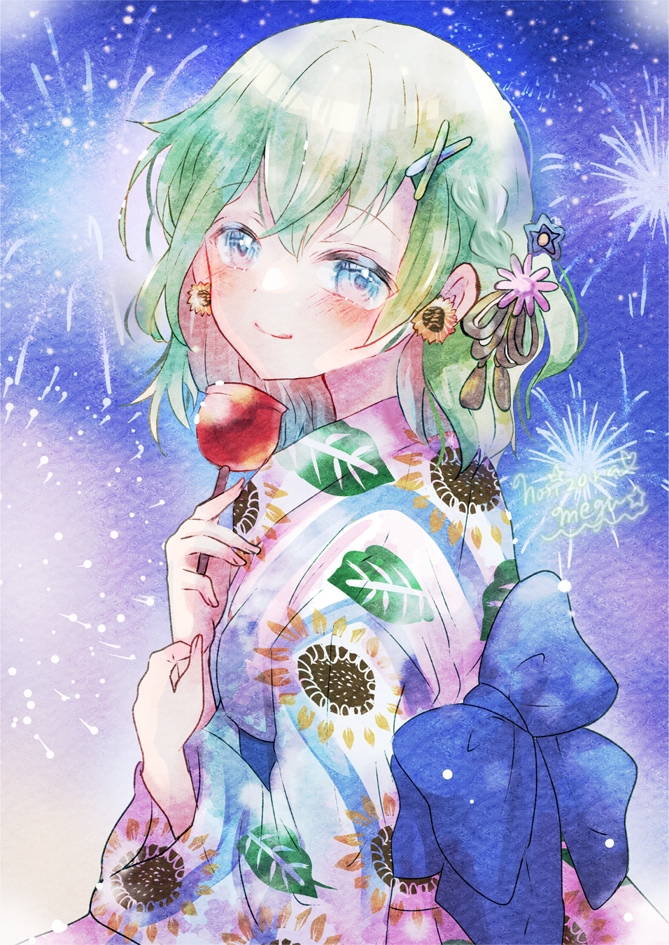 Anime 956x1351 anime anime girls fireworks kimono portrait display blushing candy apple sweets earring looking at viewer smiling bow tie green hair blue eyes