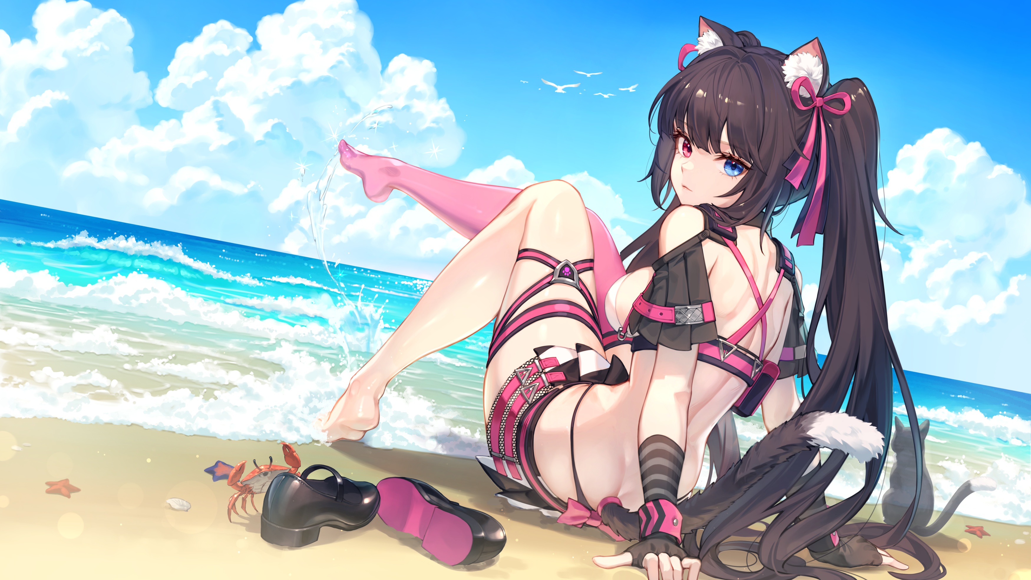 Anime 3500x1969 anime anime girls heterochromia cat girl cat ears cat tail feet water waves sky clouds long hair twintails swimwear sideboob big boobs gloves fingerless gloves shoes starfish crabs cats animals sand beach looking at viewer Nikke: The Goddess of Victory