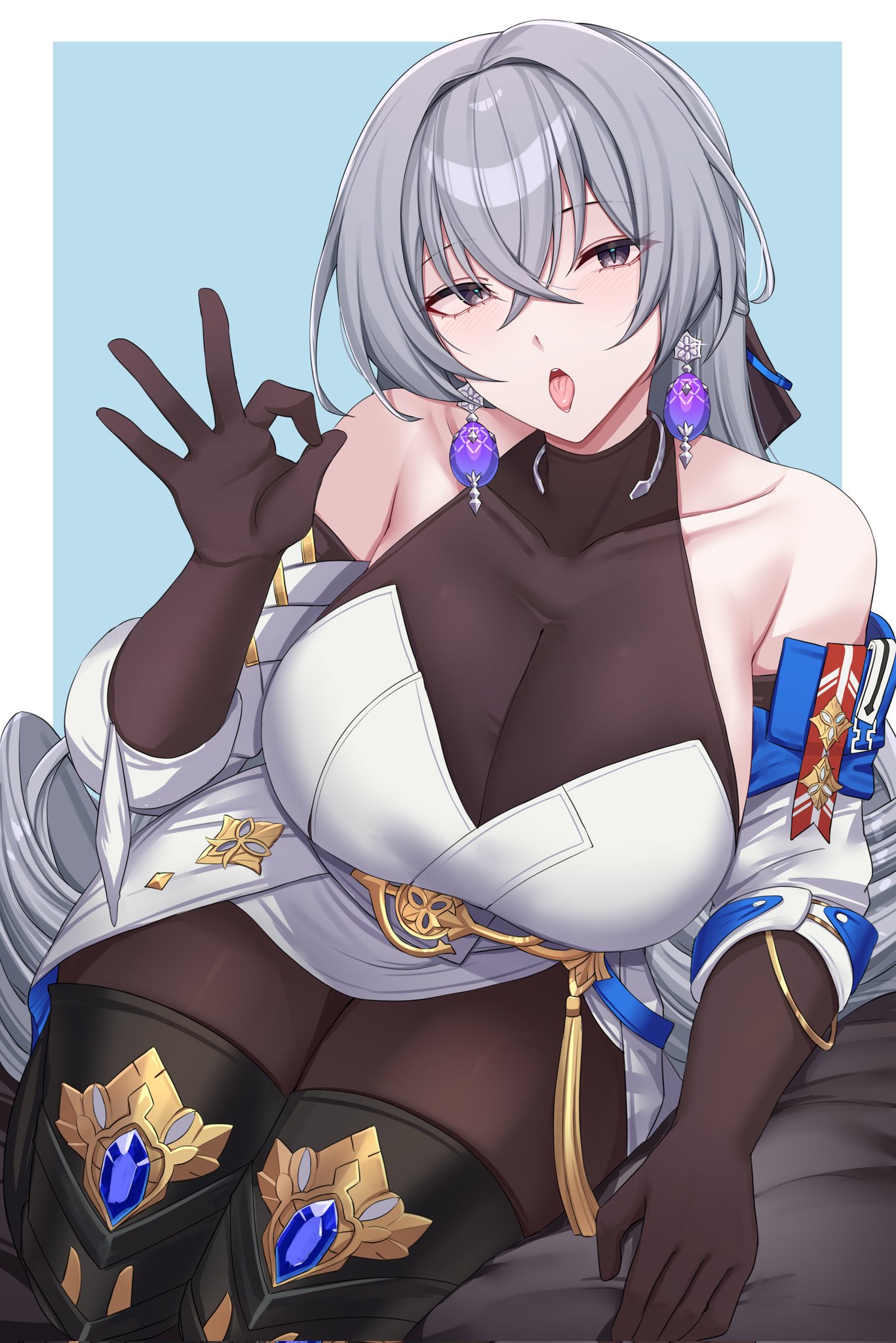 Anime 1367x2048 Honkai: Star Rail video game girls Bronya Rand anime girls portrait display big boobs elbow gloves tongue out earring looking at viewer long hair silver hair cleavage OK sign