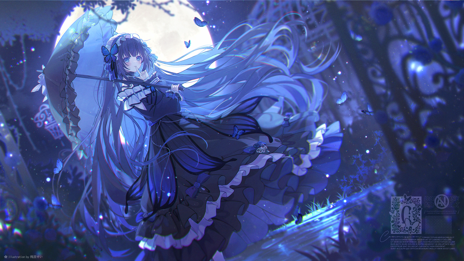 Anime 1778x1000 anime anime girls dress umbrella night Moon long hair looking at viewer watermarked signature standing butterfly leaves moonlight smiling blushing bow tie