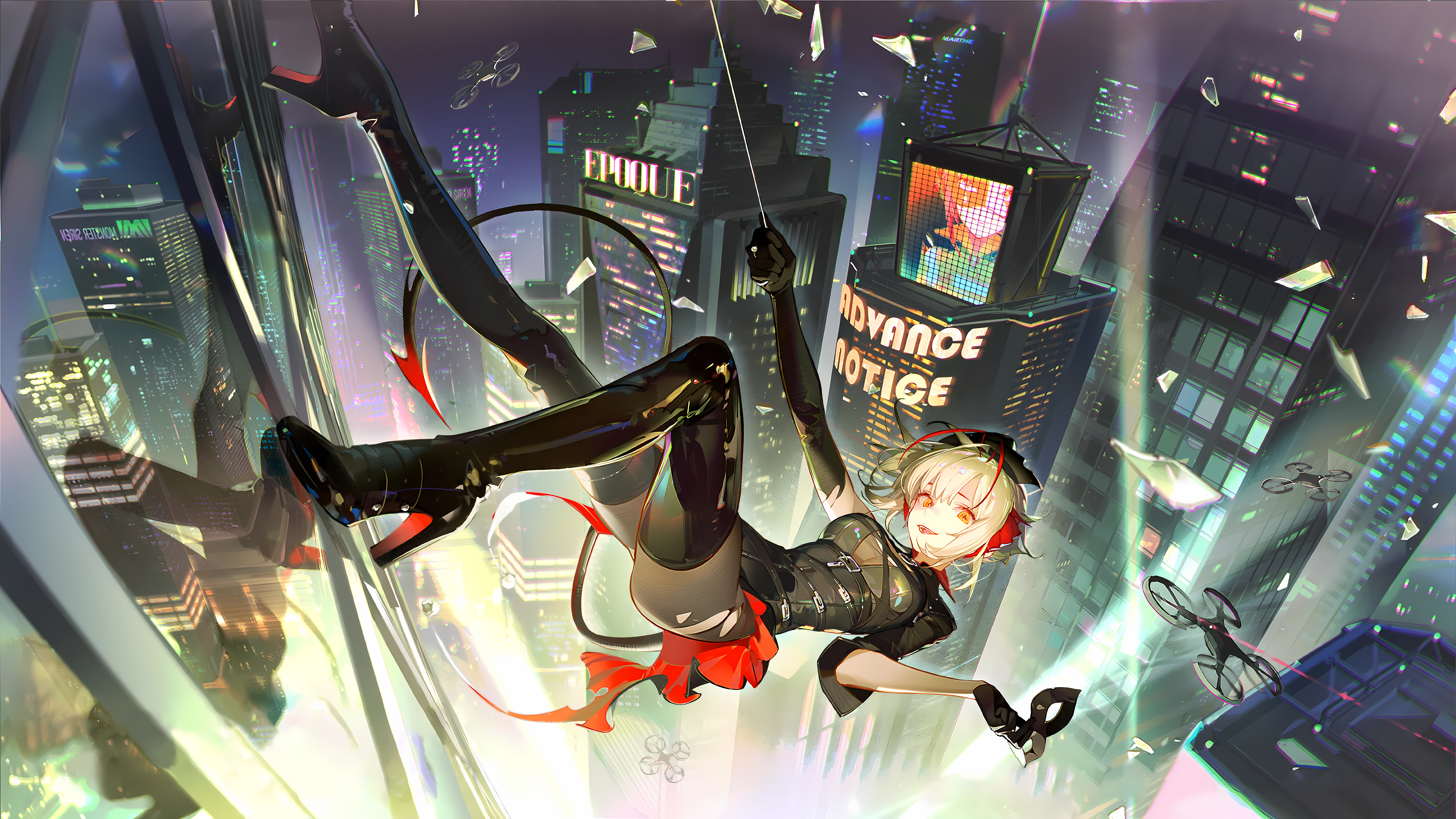 Anime 7112x4000 Arknights W (Arknights) anime anime girls broken glass city city lights gloves thigh high boots building drone reflection looking at viewer torn clothes