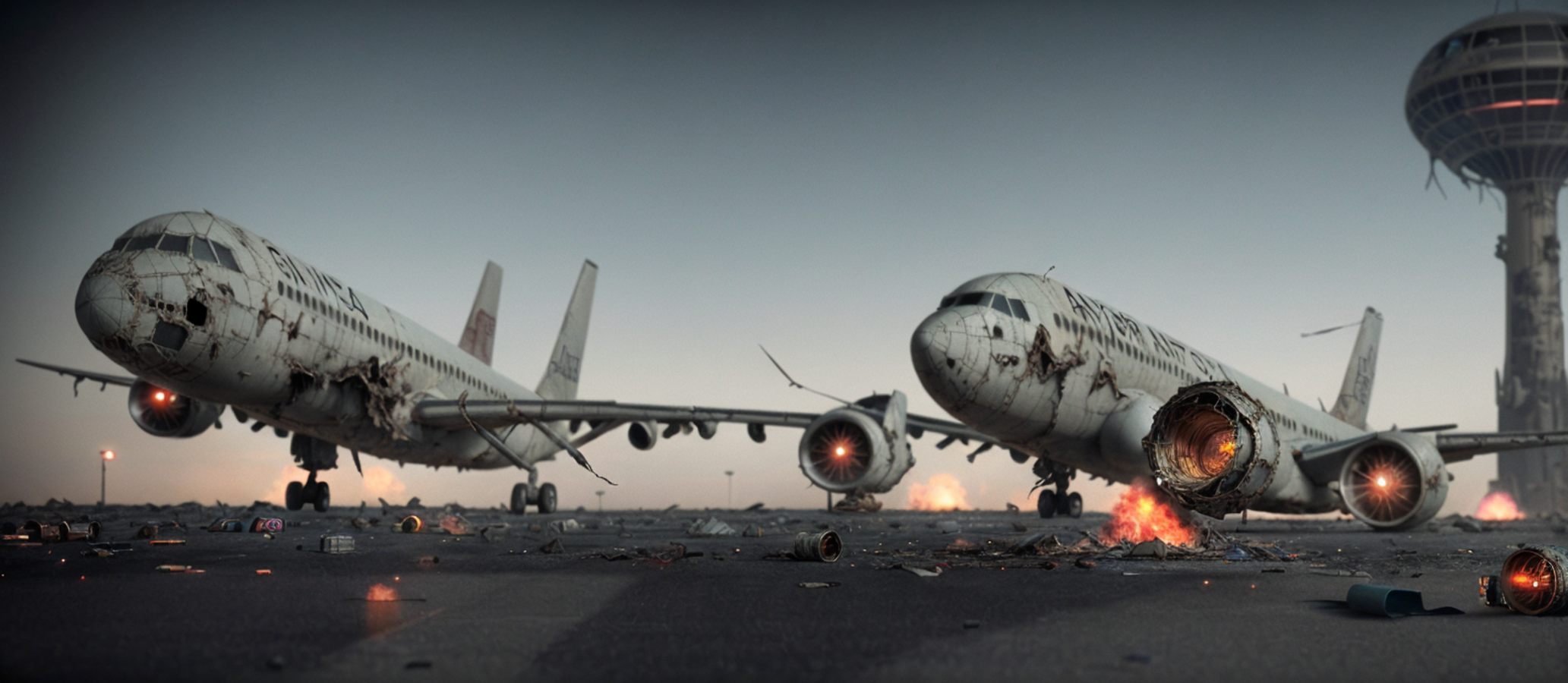 General 2065x900 AI art abandoned dystopian airplane wreck cinematic aircraft fire digital art
