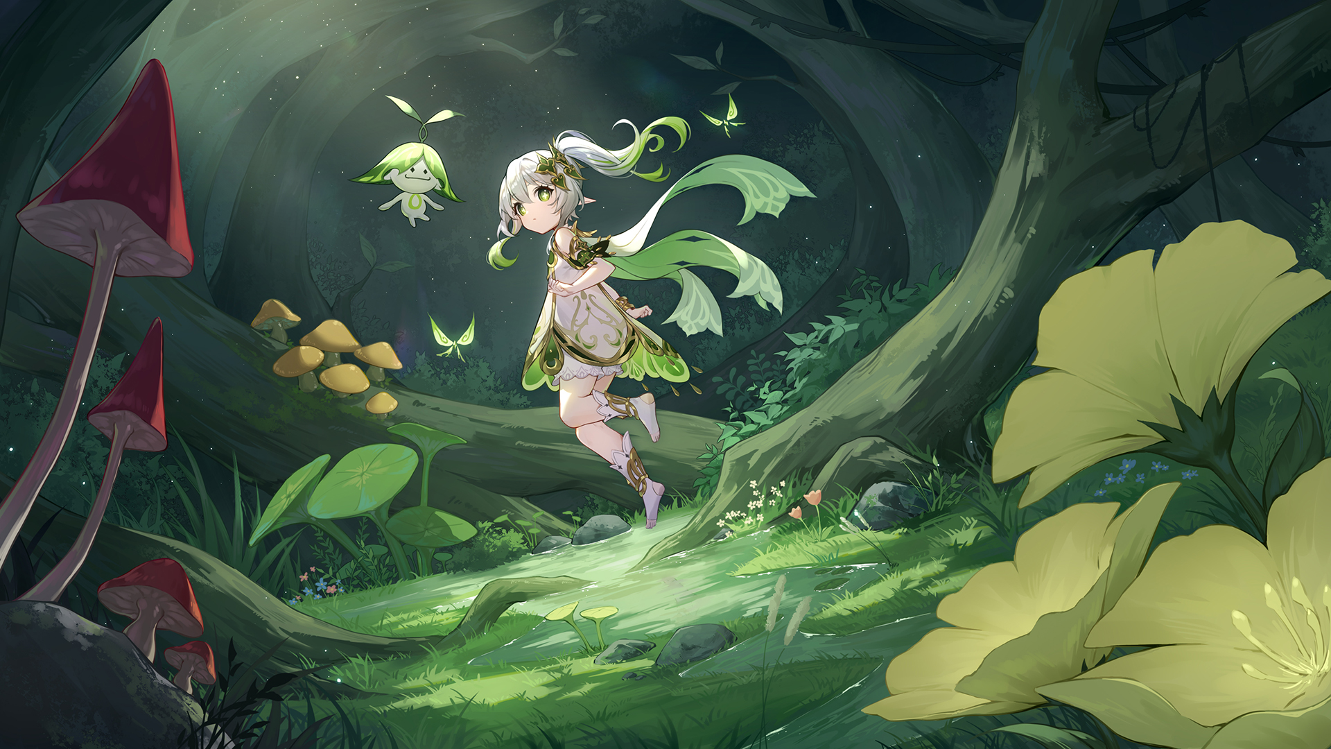 Anime 1920x1080 anime anime girls Genshin Impact Nahida (Genshin Impact) long hair forest grass sunlight mushroom leaves gradient hair two tone hair looking at viewer ponytail pointy ears butterfly flowers trees loli