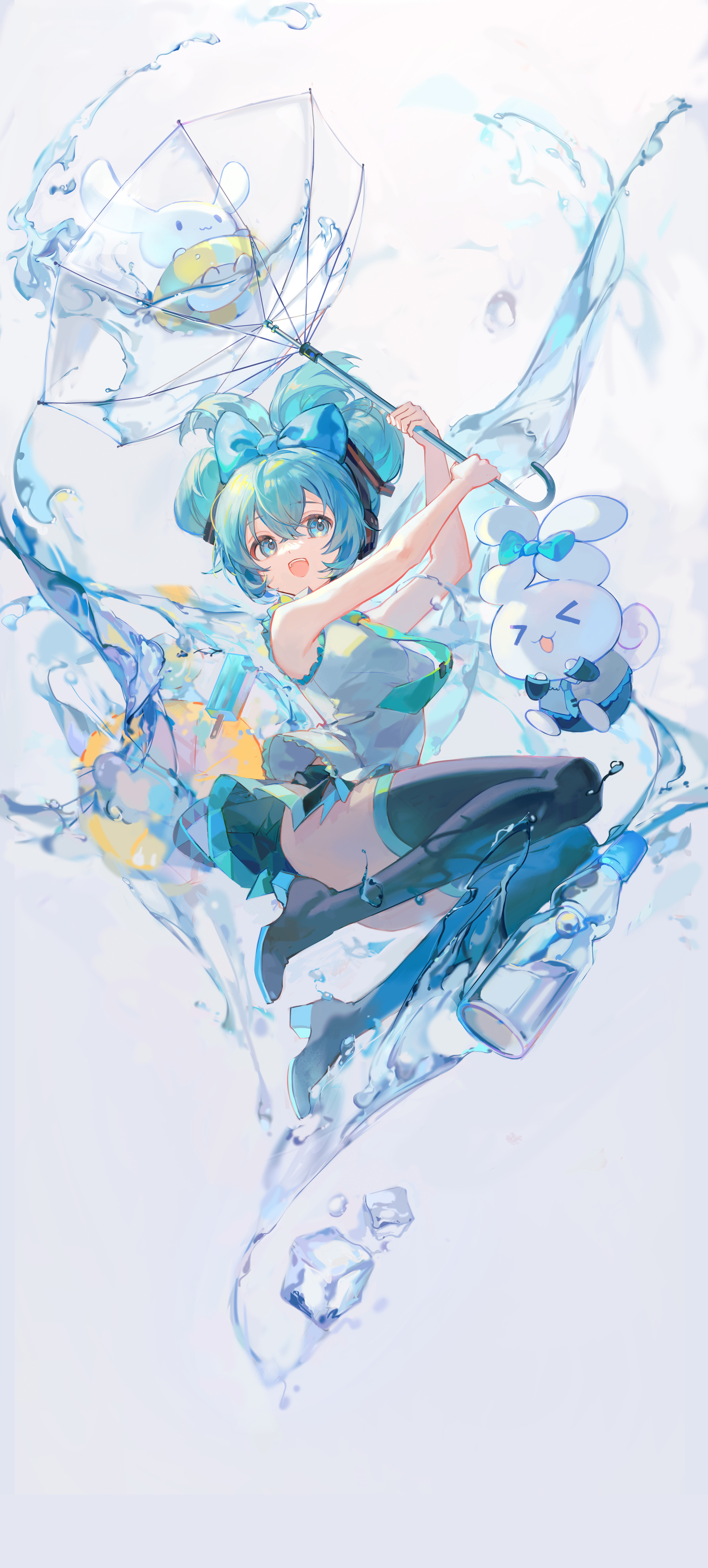 Anime 3056x6767 anime anime girls Hatsune Miku Vocaloid portrait display stockings blue hair blue eyes simple background white background minimalism bow tie water looking at viewer headphones open mouth umbrella floater ice cubes