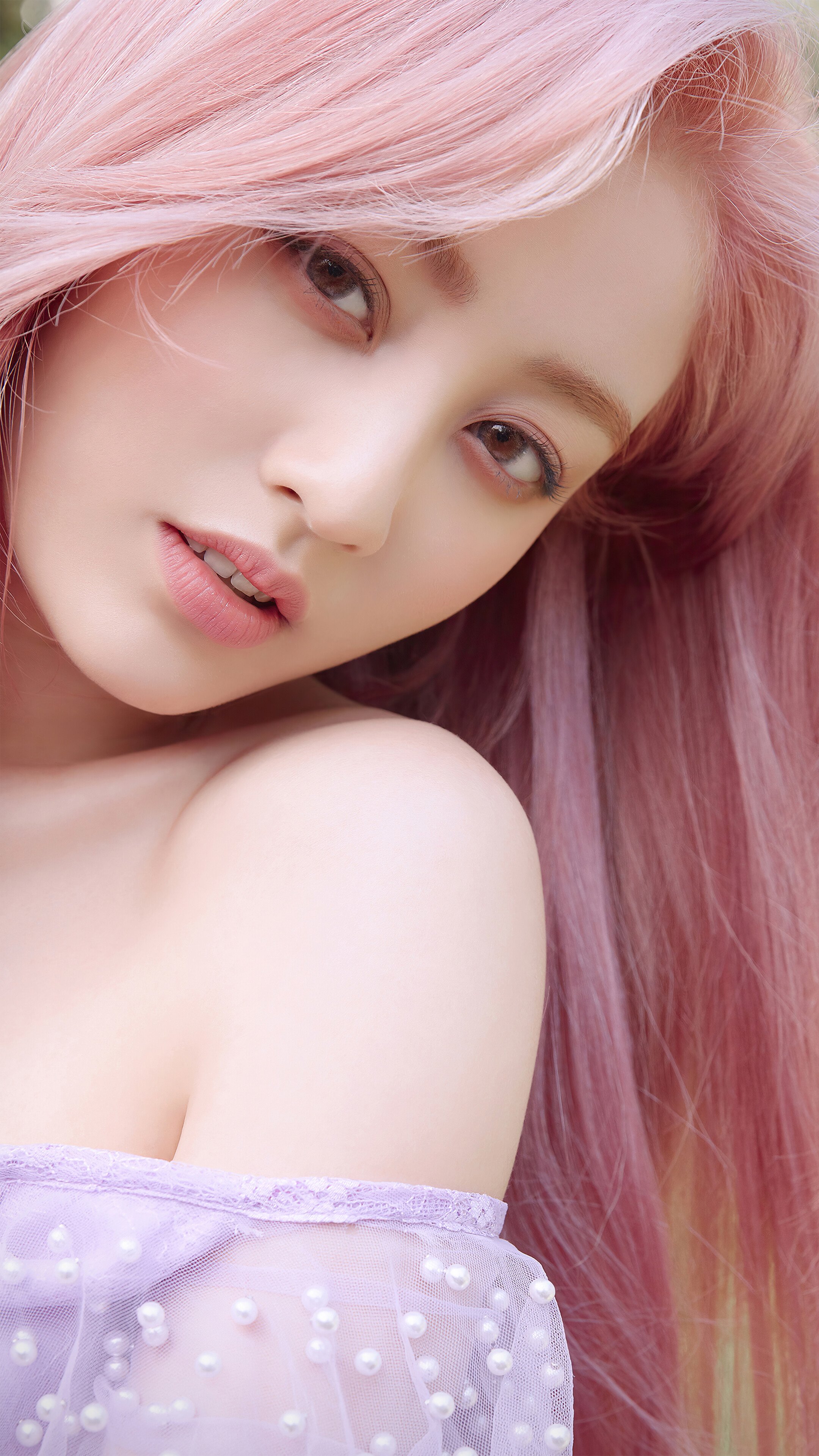 People 2160x3840 Asian women Twice Jihyo singer portrait display pink hair bare shoulders long hair looking at viewer Twice