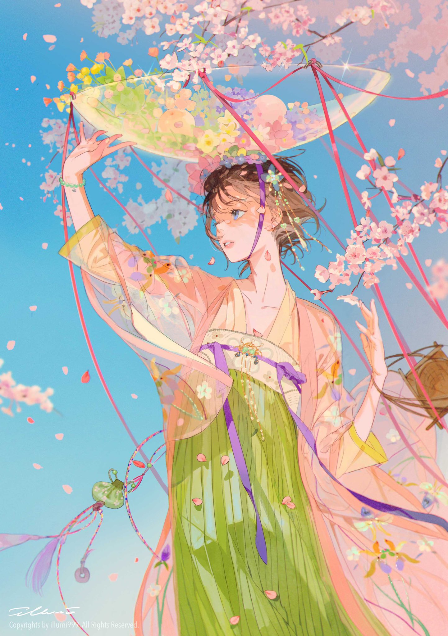 Anime 1442x2048 anime girls portrait display cherry blossom flowers pink flowers short hair brunette hair ornament blue eyes looking away Chinese clothing branch illumi999 open mouth windy flower in hair clear sky signature traditional clothing sky dress long sleeves petals jewelry