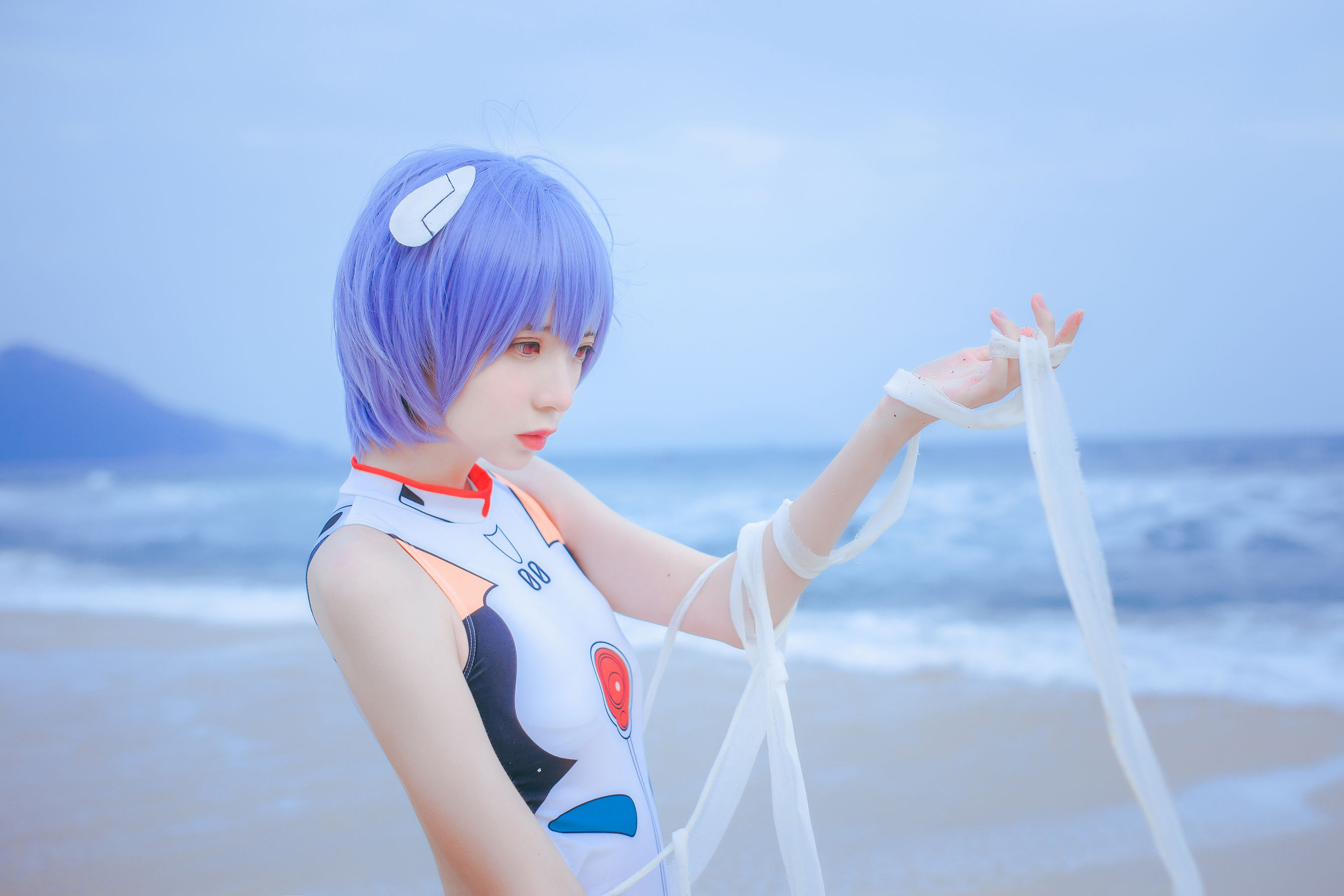 People 2700x1800 Ayanami Rei women model short hair purple hair beach bodysuit women outdoors cosplay Asian