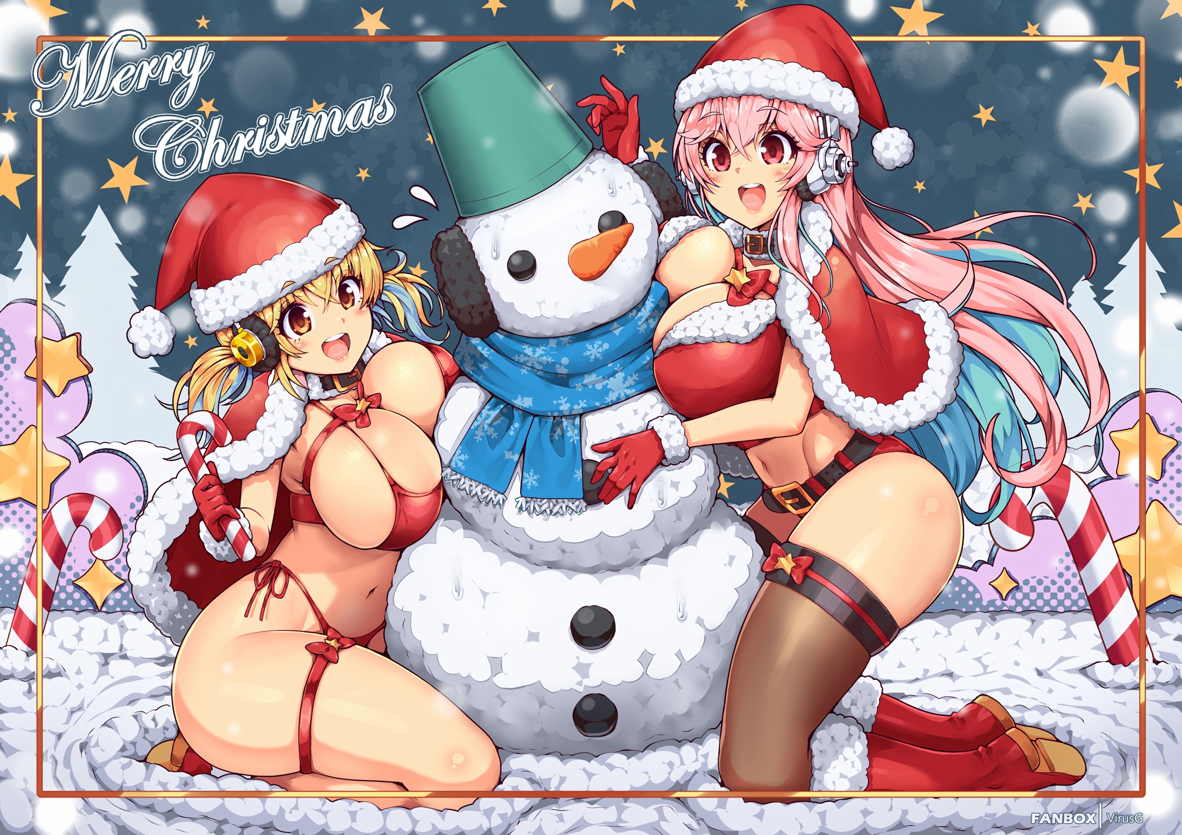 Anime 2400x1696 big boobs long hair blonde pink hair stockings snowman panties ass anime girls Christmas Christmas clothes scarf ear muffs snow Candy Cane headphones two tone hair stars two women Santa hats