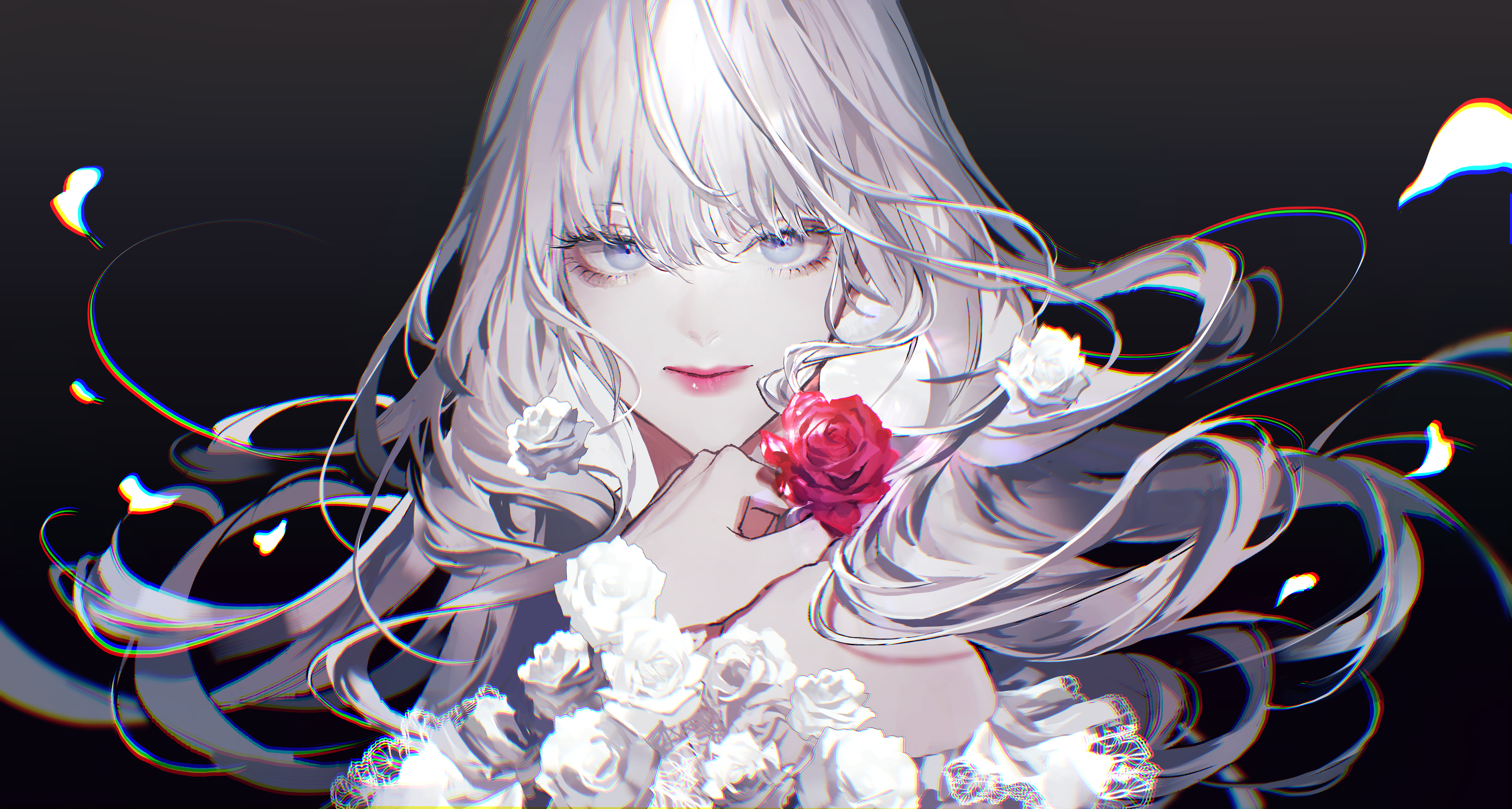 Anime 6000x3210 anime anime girls white hair blue eyes flowers petals