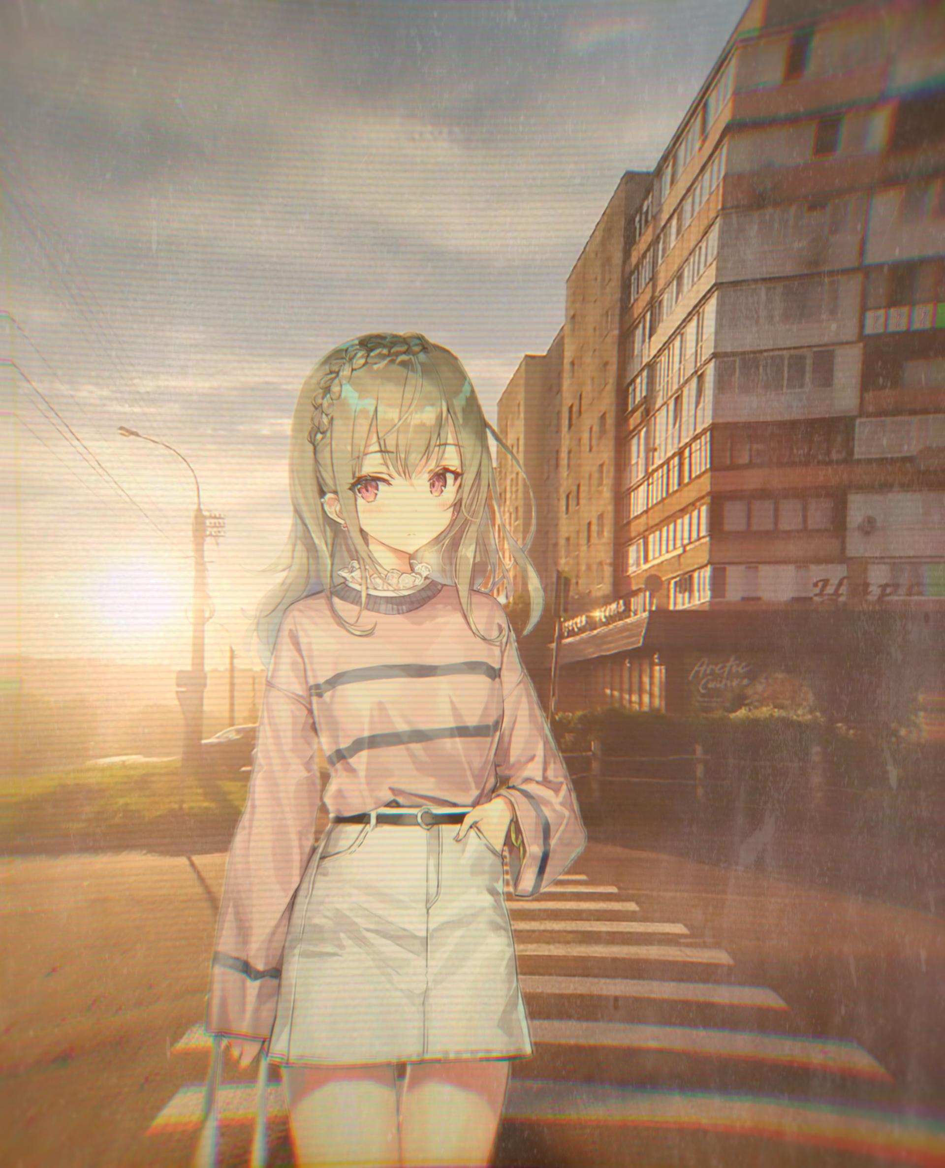 Anime 1920x2373 animeirl crosswalk evening city lens flare anime girls portrait display braids