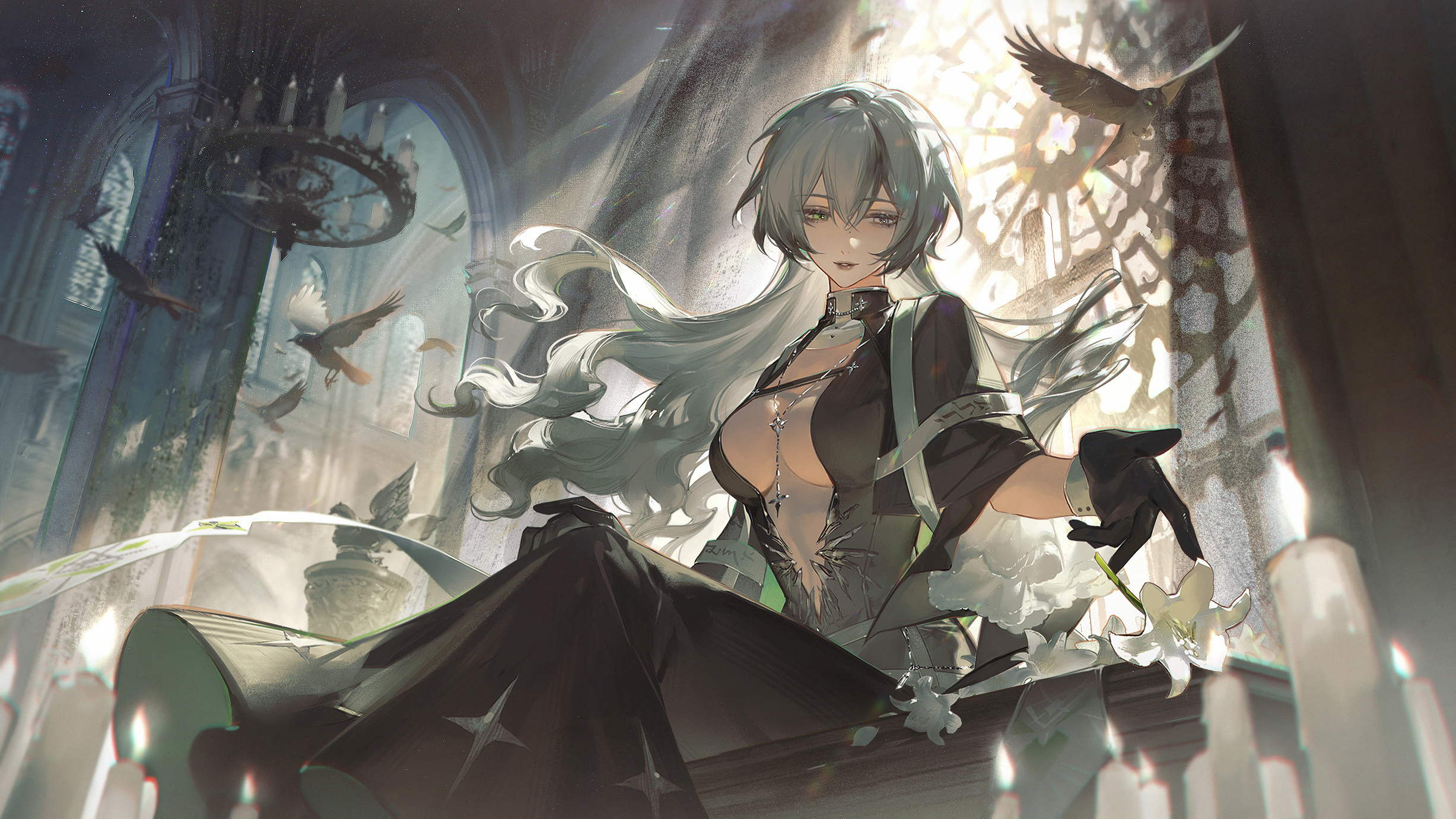 Anime 2454x1380 Path to Nowhere anime girls big boobs necklace birds candles gloves low-angle long hair Oak Casket (Path to Nowhere)