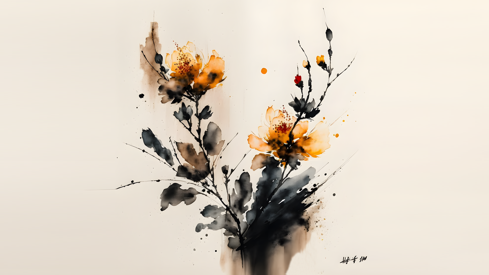 General 1920x1080 AI art digital art ink watercolor style flowers watercolor ink wash simple background minimalism