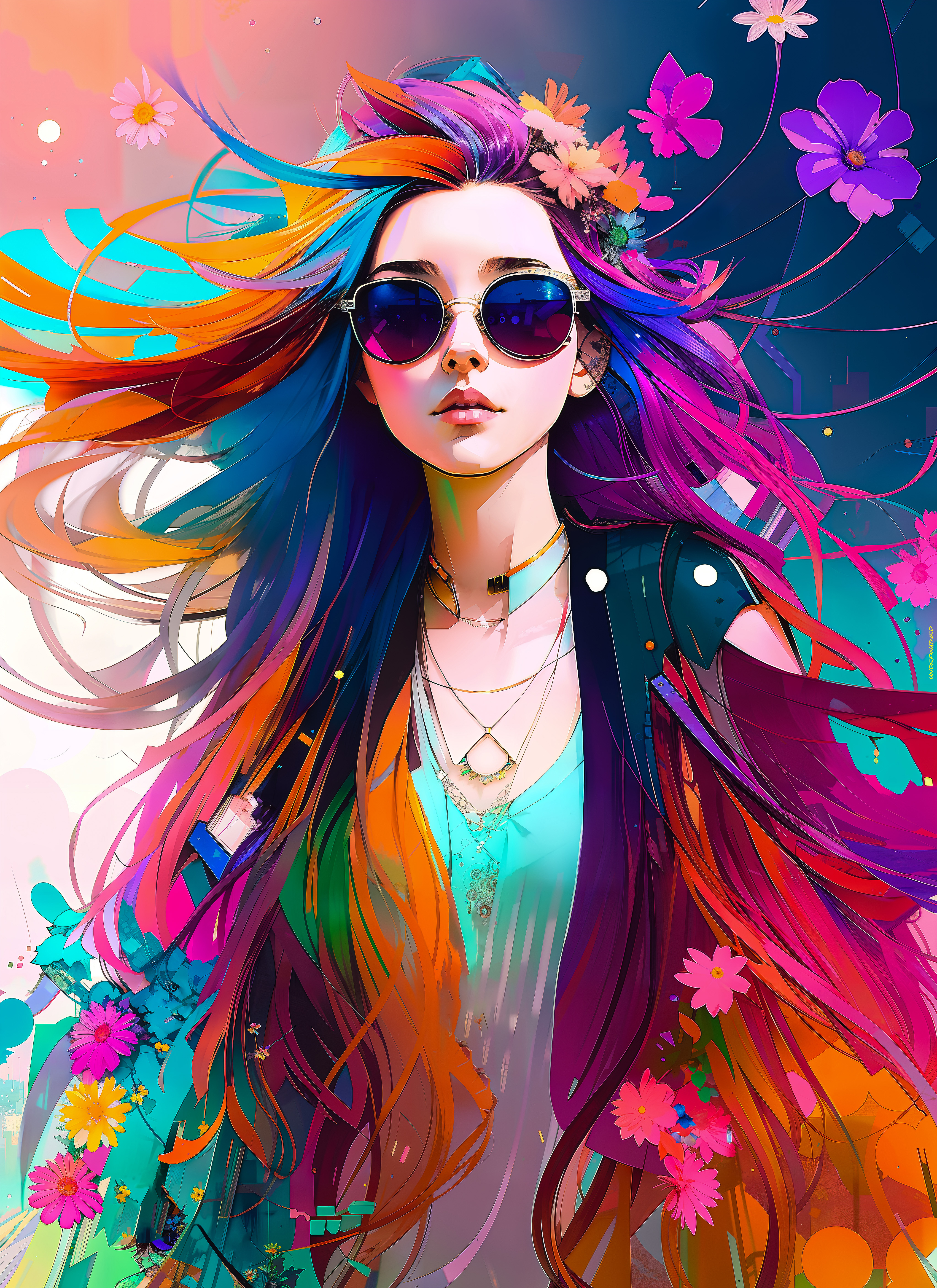 General 4096x5632 AI art inkpunk Color Burst colorful portrait display artwork long hair sunglasses flowers flower in hair