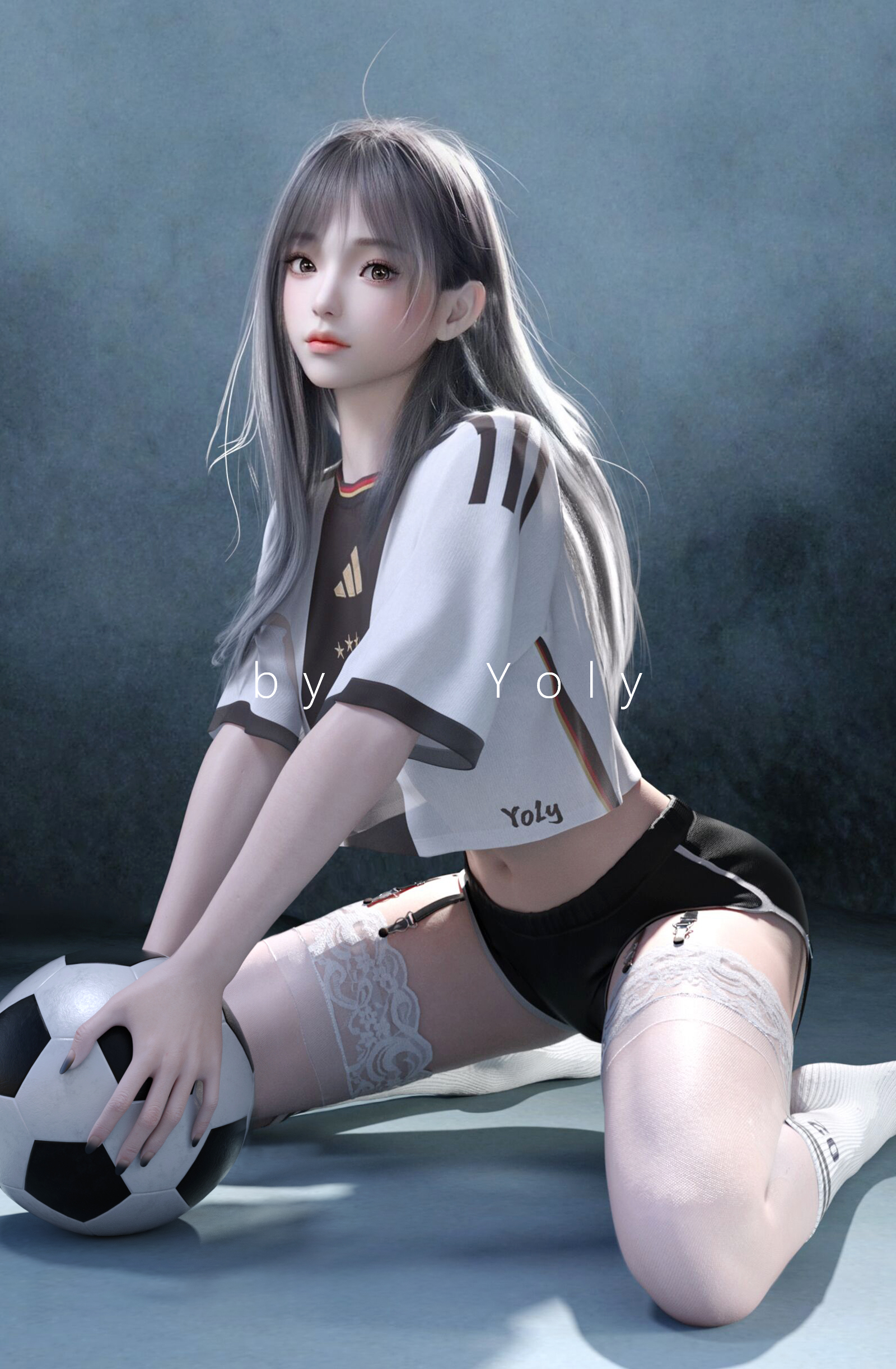 General 1600x2443 soccer Asian CGI digital art uniform model women indoors black hair short shorts Yoly
