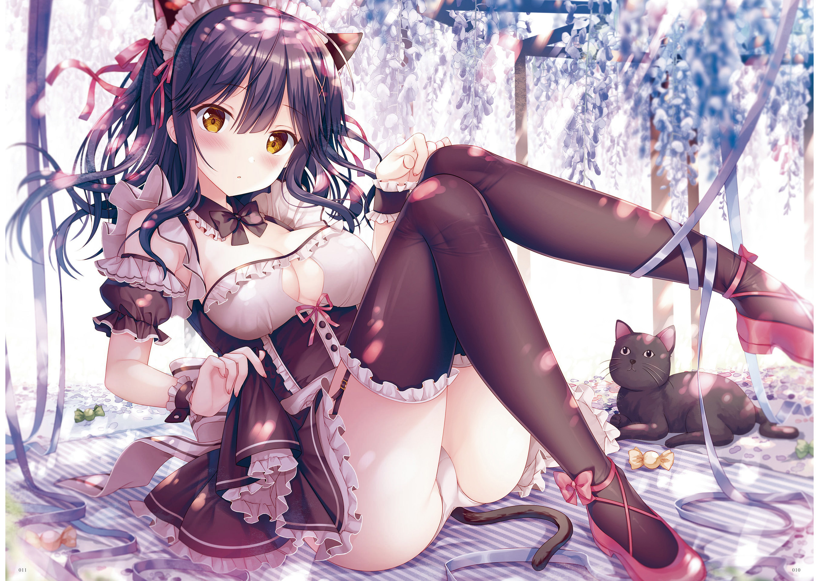 Anime 2706x1920 anime anime girls stockings maid outfit cats cat girl cat ears cat tail brown eyes panties candy big boobs bow tie blushing maid