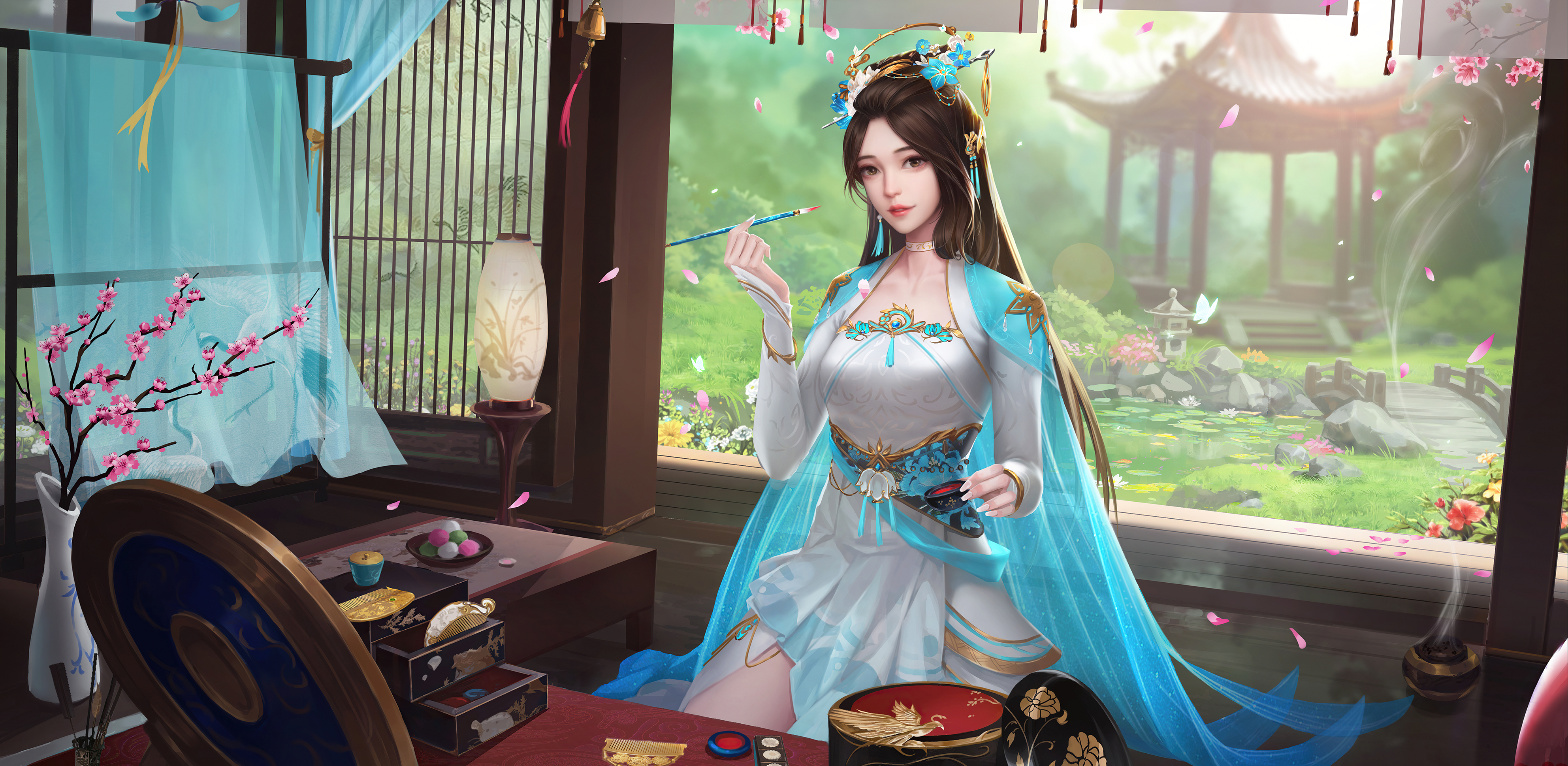General 3969x1939 Three Kingdoms video game characters video game girls video game art petals flowers Asian