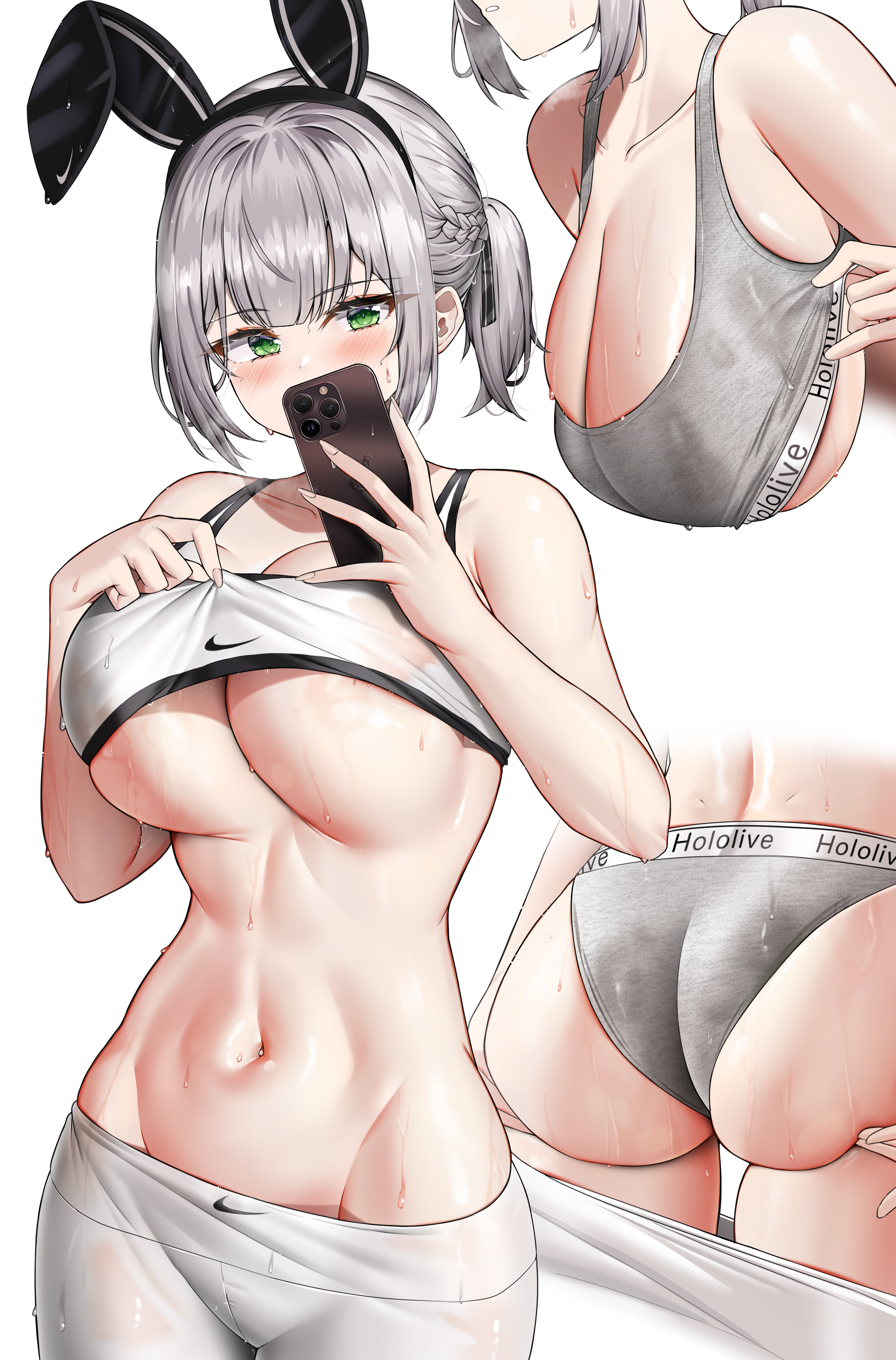 Anime 2600x3945 Hololive anime girls green eyes bunny ears sweaty body portrait display sportswear gray hair huge breasts blushing phone ass big boobs hanging boobs sweat sports bra underboob cleavage hands on ass belly belly button Virtual Youtuber Kuse Pixiv Shirogane Noel