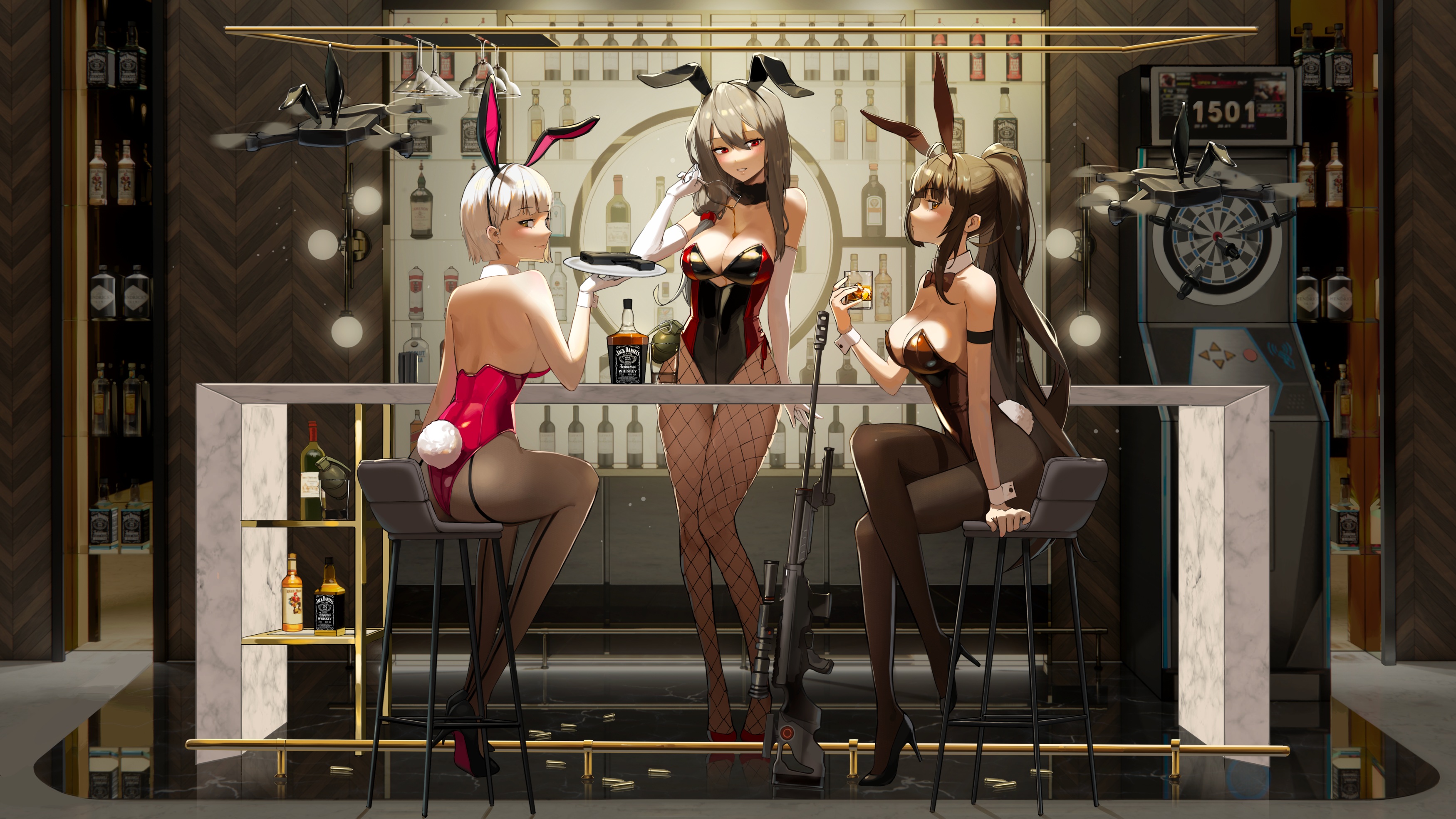 Anime 3500x1969 anime anime girls bunny suit bunny ears bunny tail bareback fishnet stockings chair alcohol bow tie cleavage big boobs wine glass elbow gloves gloves legs crossed gun girls with guns sniper rifle looking back women trio looking at viewer stools group of women heels Pixiv
