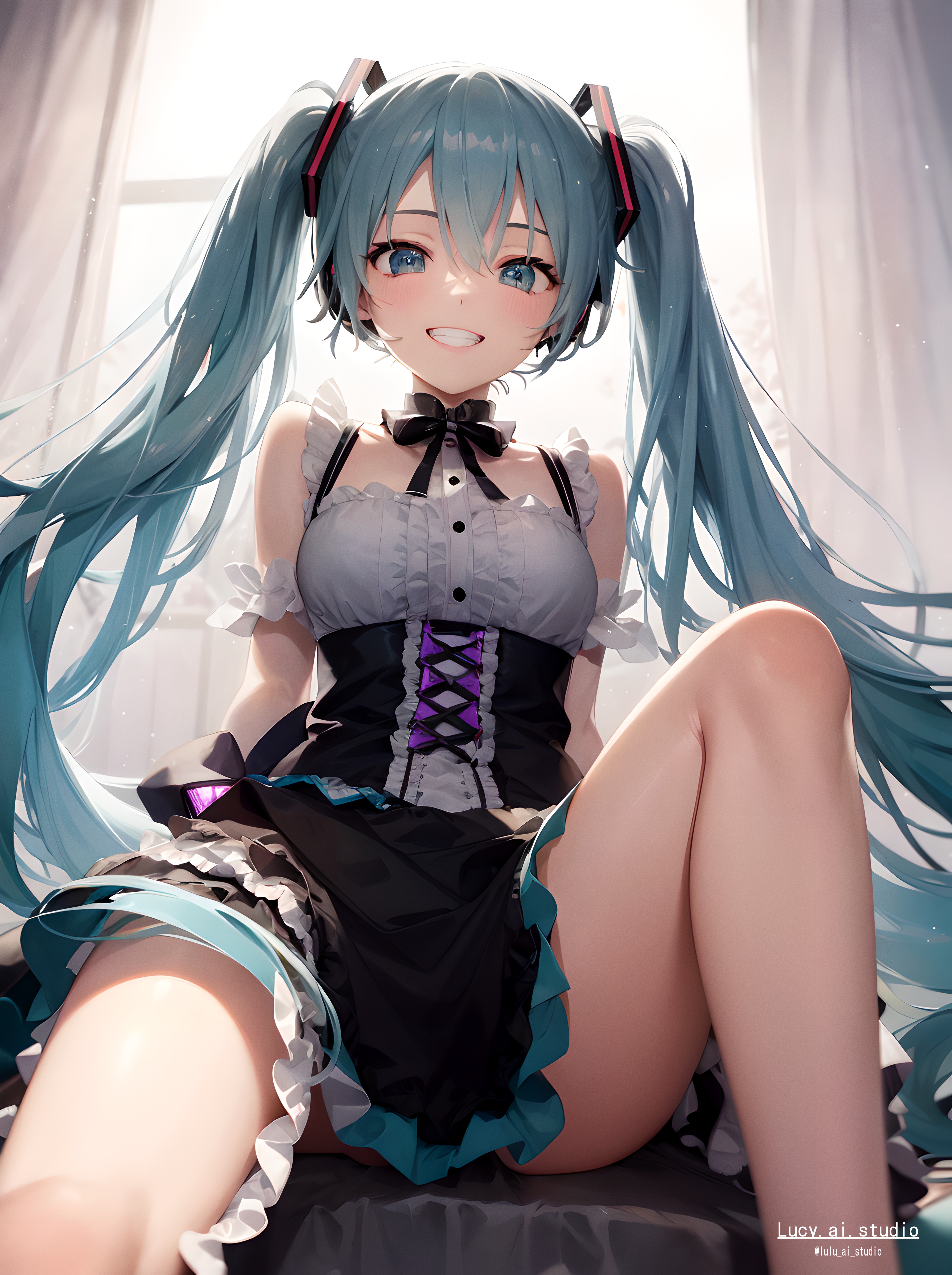 Anime 3584x4800 anime anime girls Vocaloid Hatsune Miku AI art Lucy (Artist) portrait display twintails smiling maid outfit bow tie