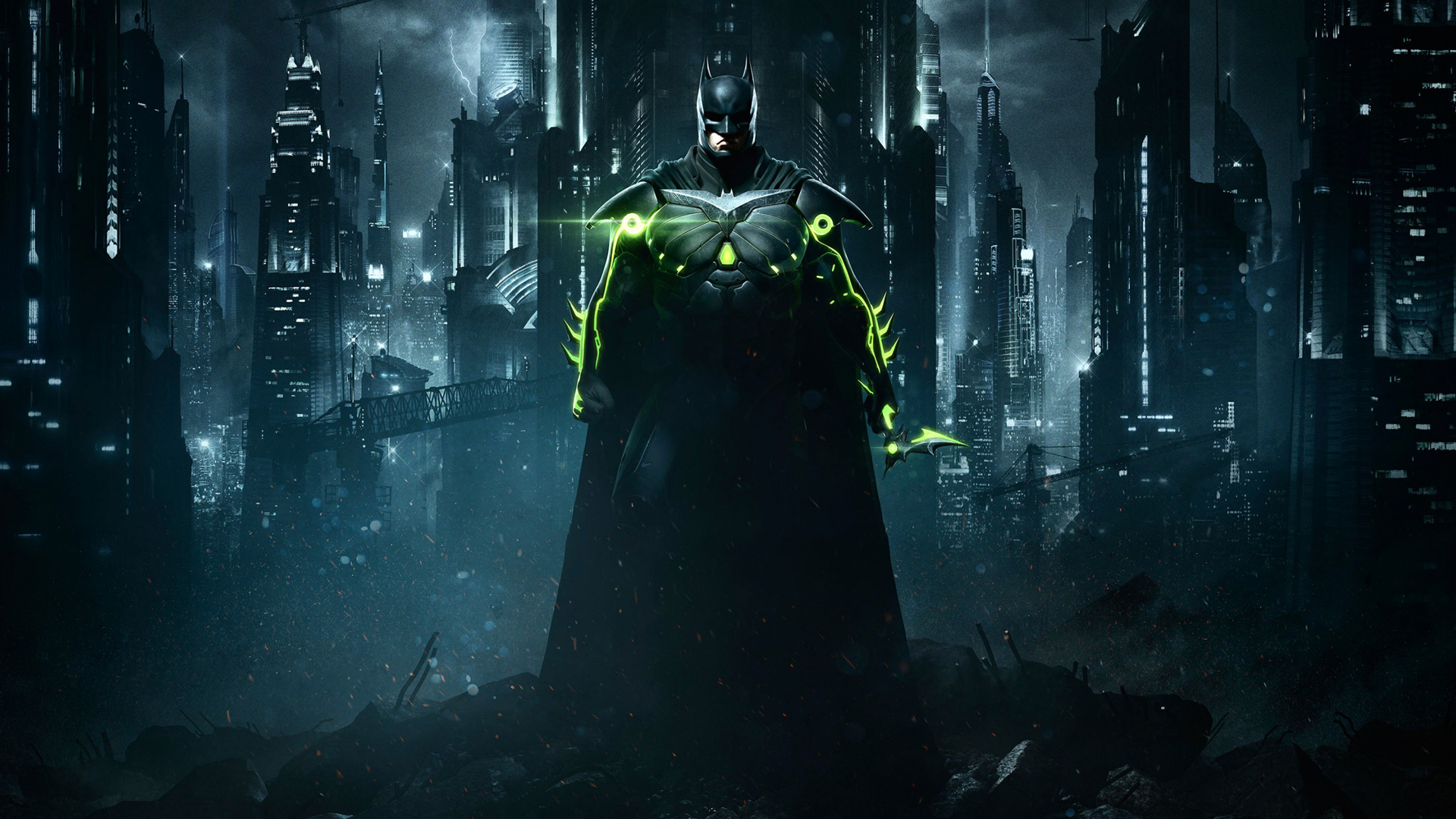 dark, Batman Eternal, Batman mask, city, superhero, bodysuit, armor, city  lights, night, mask, kryptonite | 1920x1080 Wallpaper 