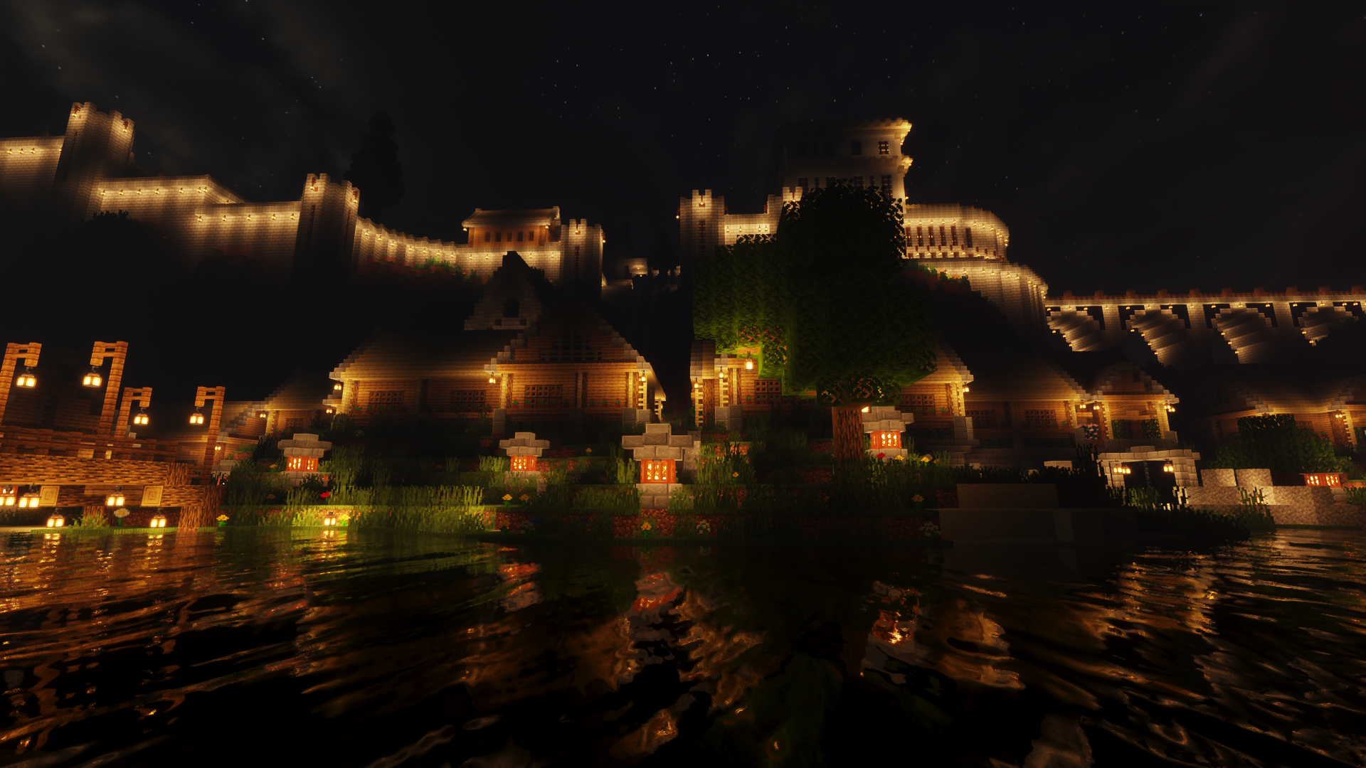 General 1920x1080 Minecraft building video games shaders night city lights CGI castle water