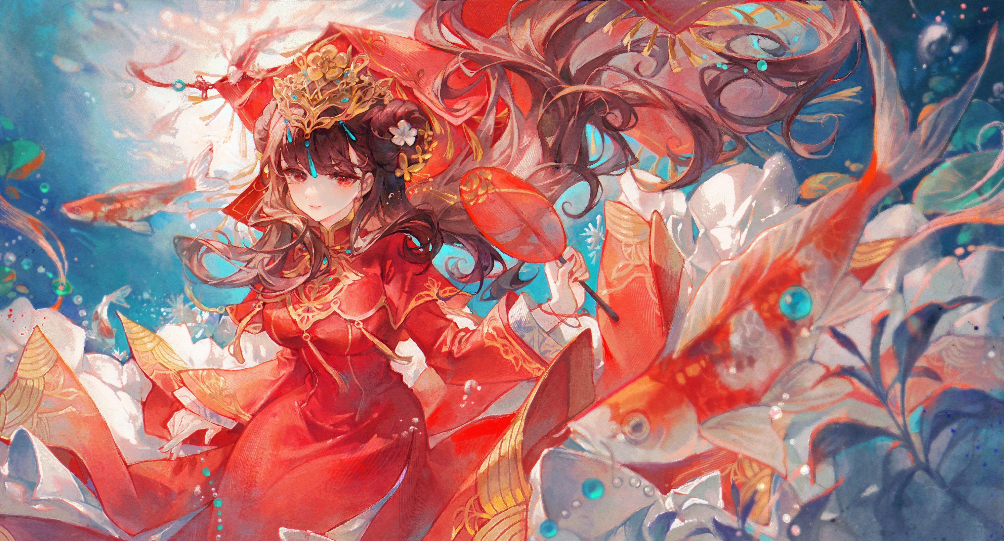 Anime 4096x2207 anime girls Maccha brunette red eyes underwater red dress bubbles fish hair ornament hairbun plants koi koi fish smiling water looking at viewer