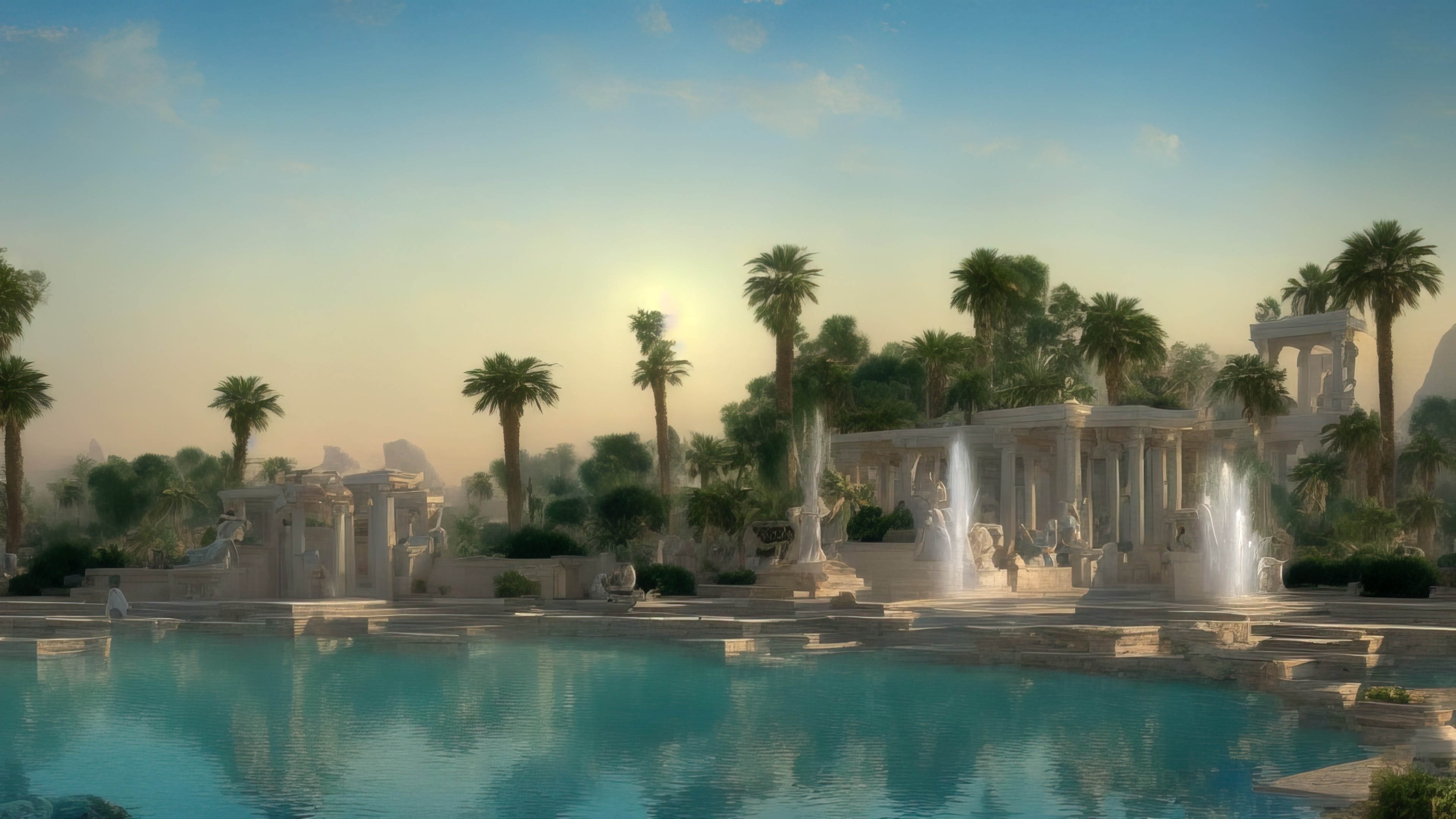 General 3840x2160 AI art Stable Diffusion Greek Columns ruins landscape ancient greece ancient Greek sky clouds trees plants water lake reflection