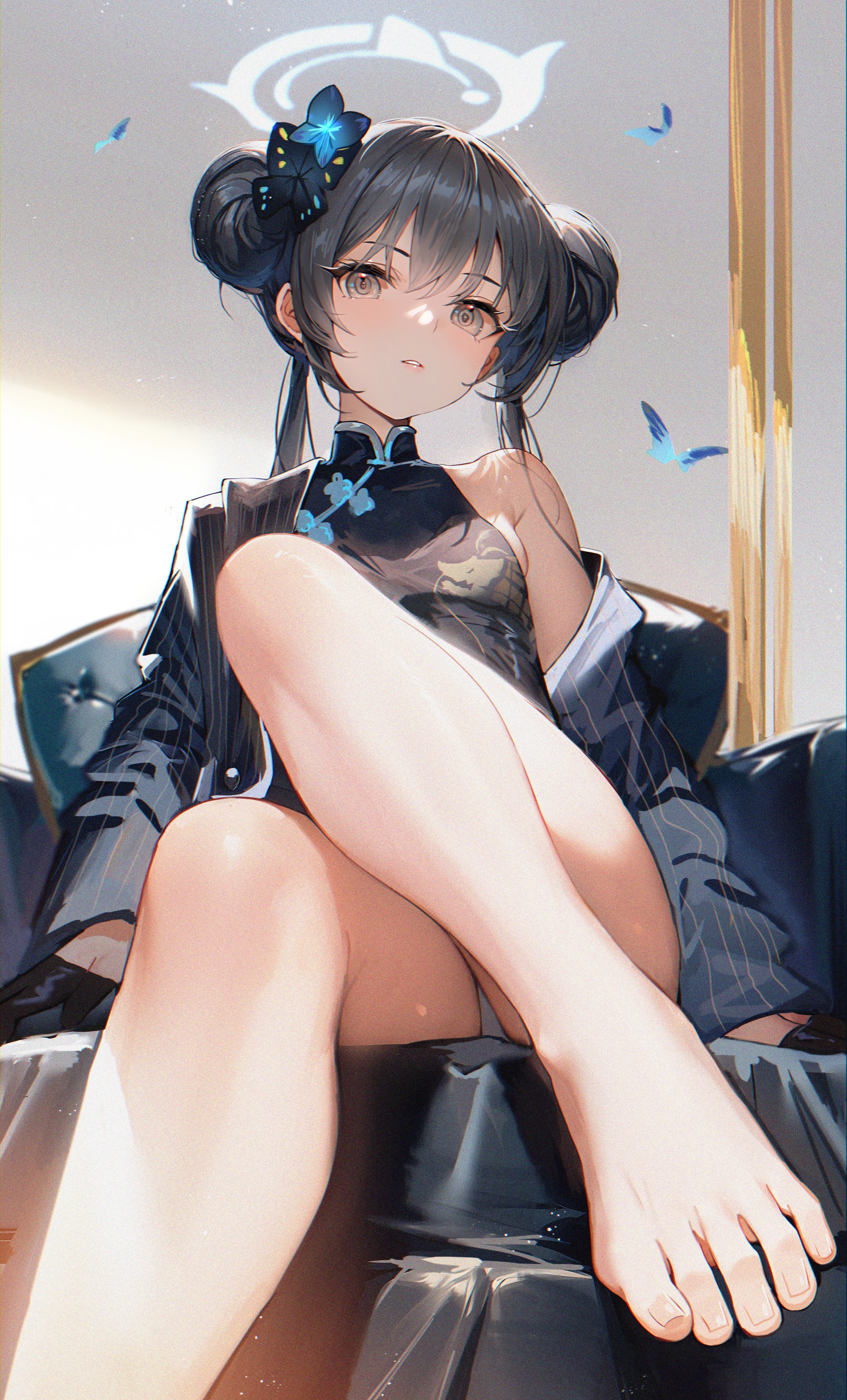 Anime 2090x3456 anime anime girls portrait display butterfly hairbun Chinese dress looking at viewer flower in hair high angle Blue Archive barefoot Kisaki (Blue Archive) feet toes foot fetishism