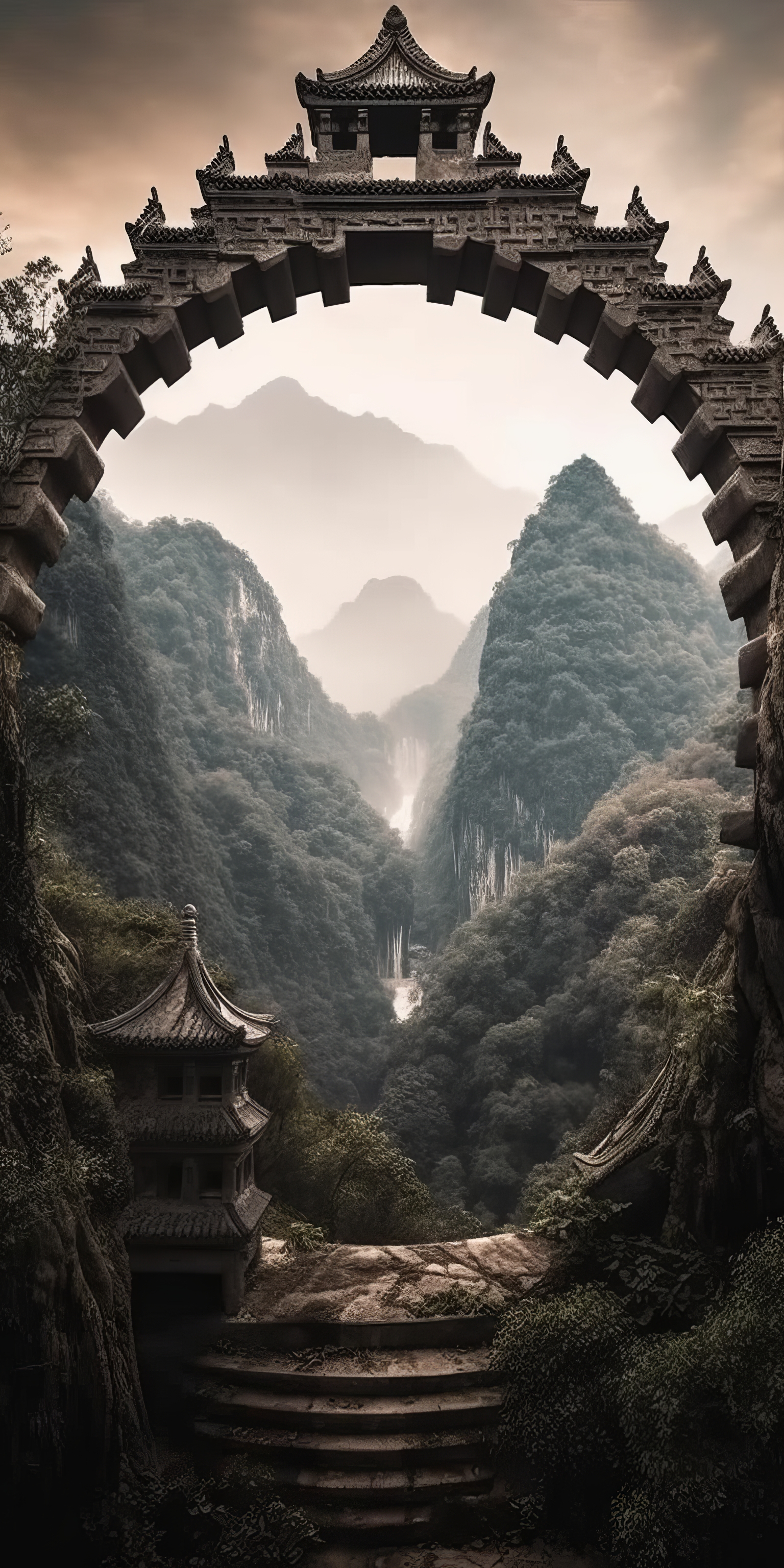 General 1536x3072 AI art illustration portrait display landscape mountains China portal stairs nature