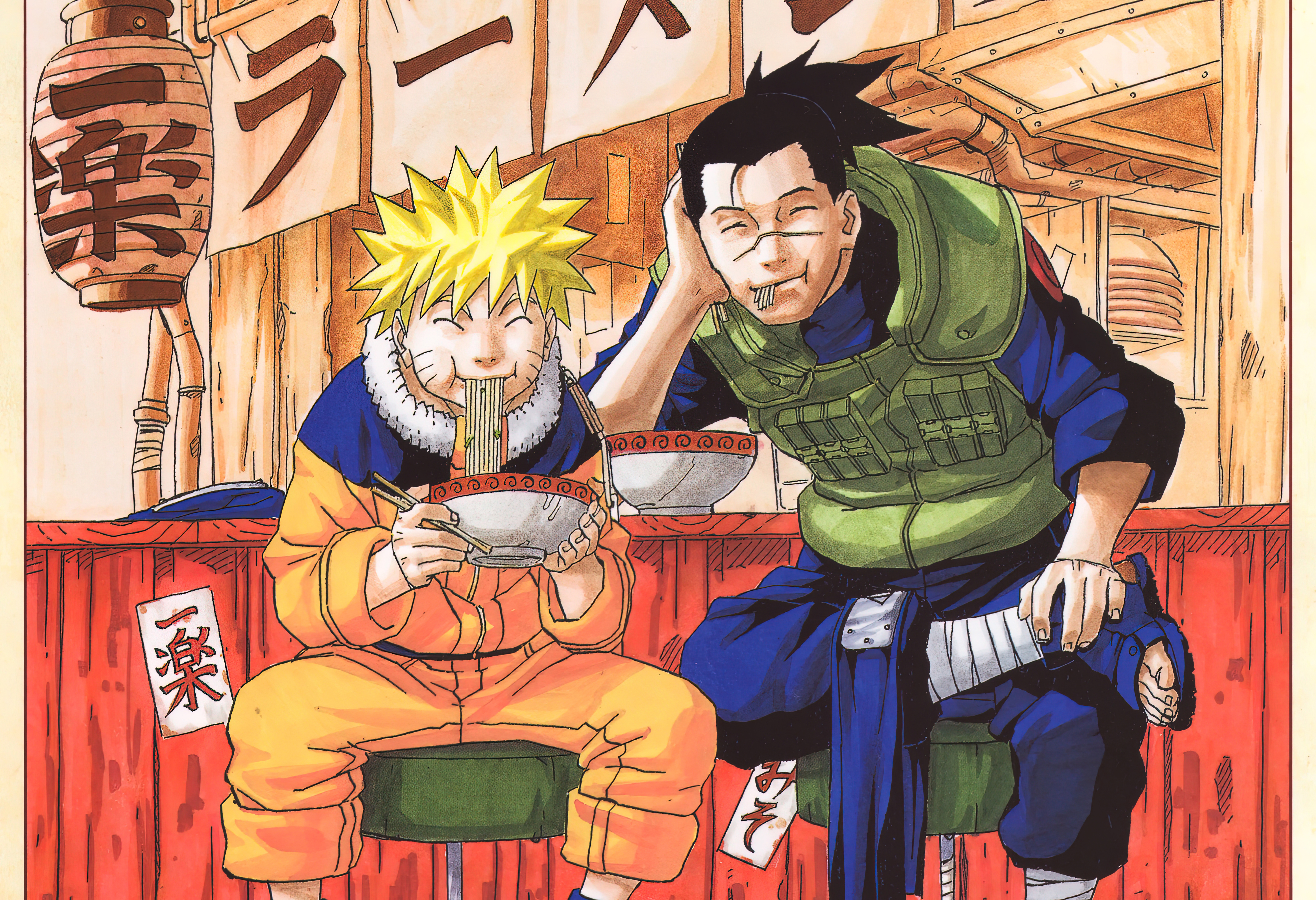 Anime 7680x5252 Naruto (anime) Uzumaki Naruto Umino Iruka anime boys anime men eating noodles closed eyes uniform manga sitting Japanese chopsticks