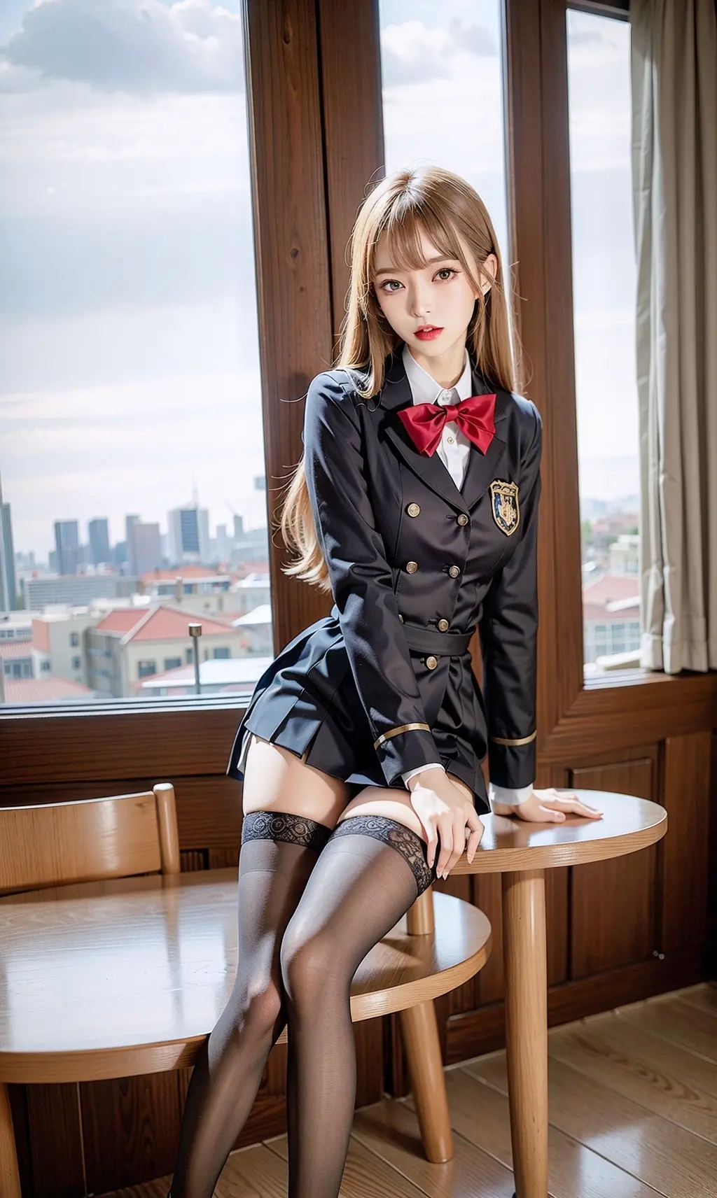 General 1024x1712 AI art black stockings school uniform Asian women legs portrait display schoolgirl bow tie stockings looking at viewer window city sitting