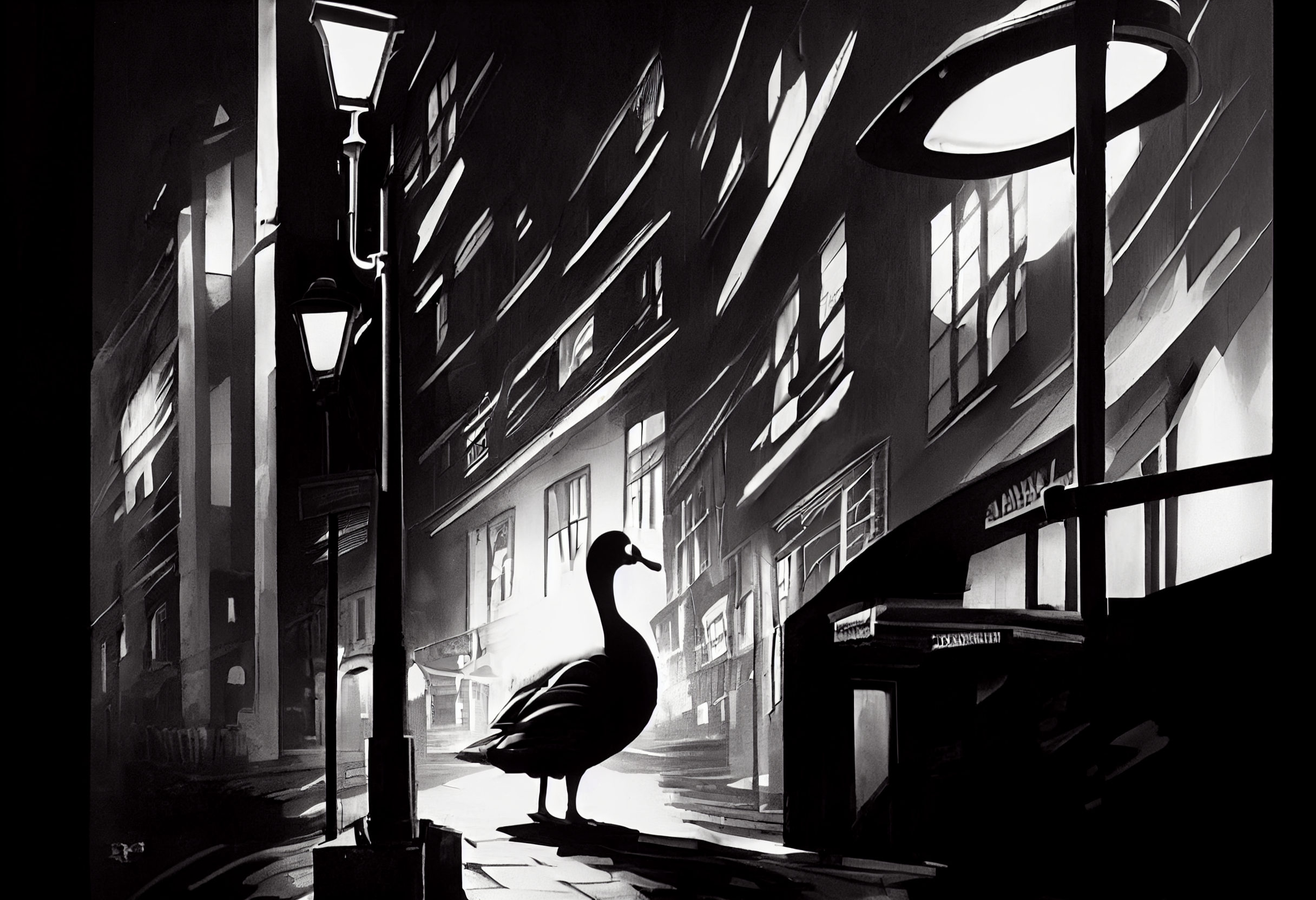 General 2432x1664 duck noir lamp post monochrome animals AI art street silhouette profile street light