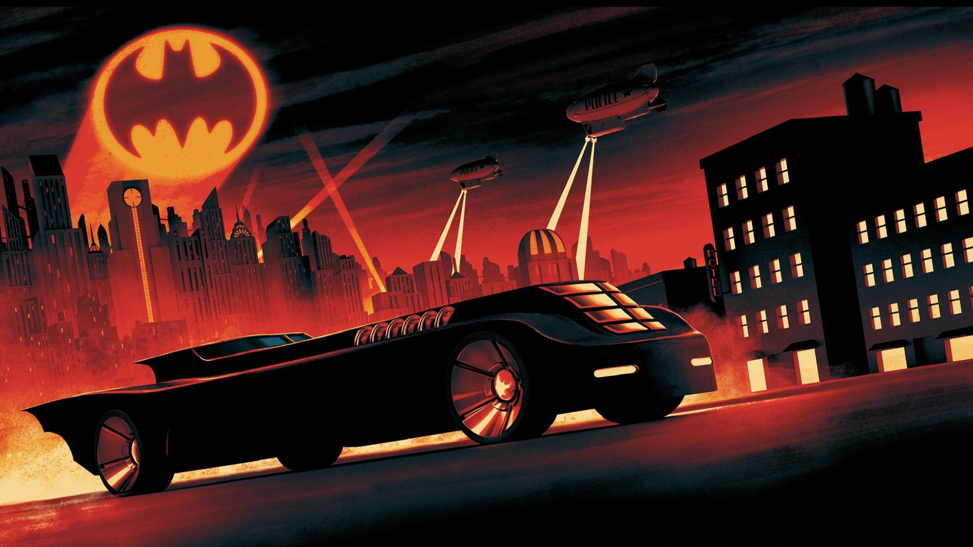 General 1920x1080 Batman Batmobile Gotham City Batman logo vehicle city lights building superhero