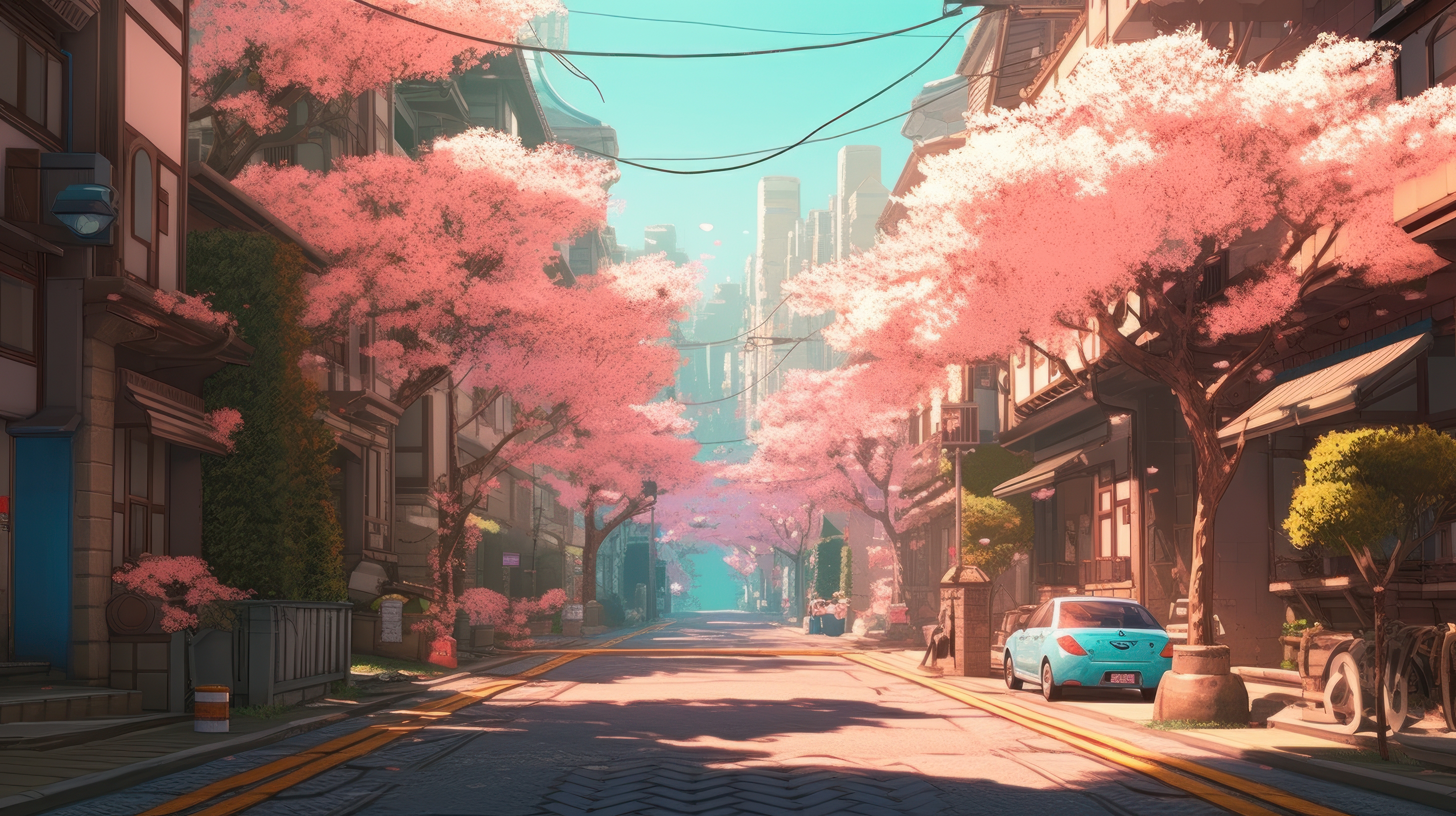 General 2912x1632 AI art illustration city colorful trees street building car cherry blossom