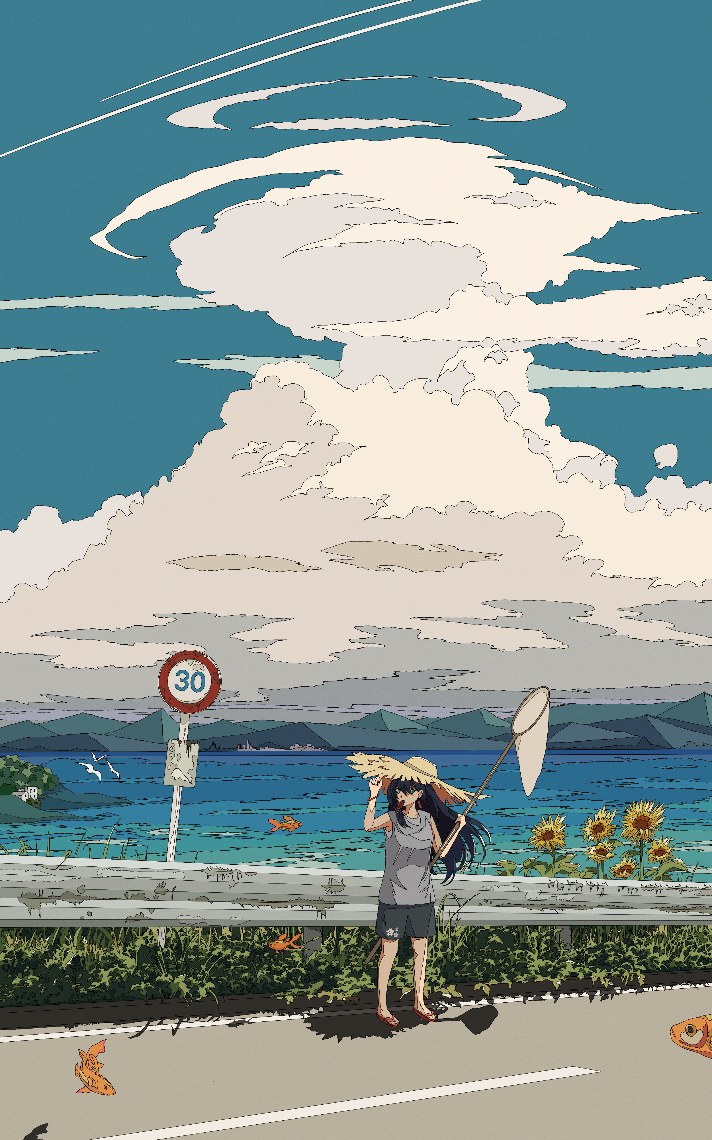 Anime 2500x4000 illustration environment portrait display road sea water flowers mountains road sign clouds landscape
