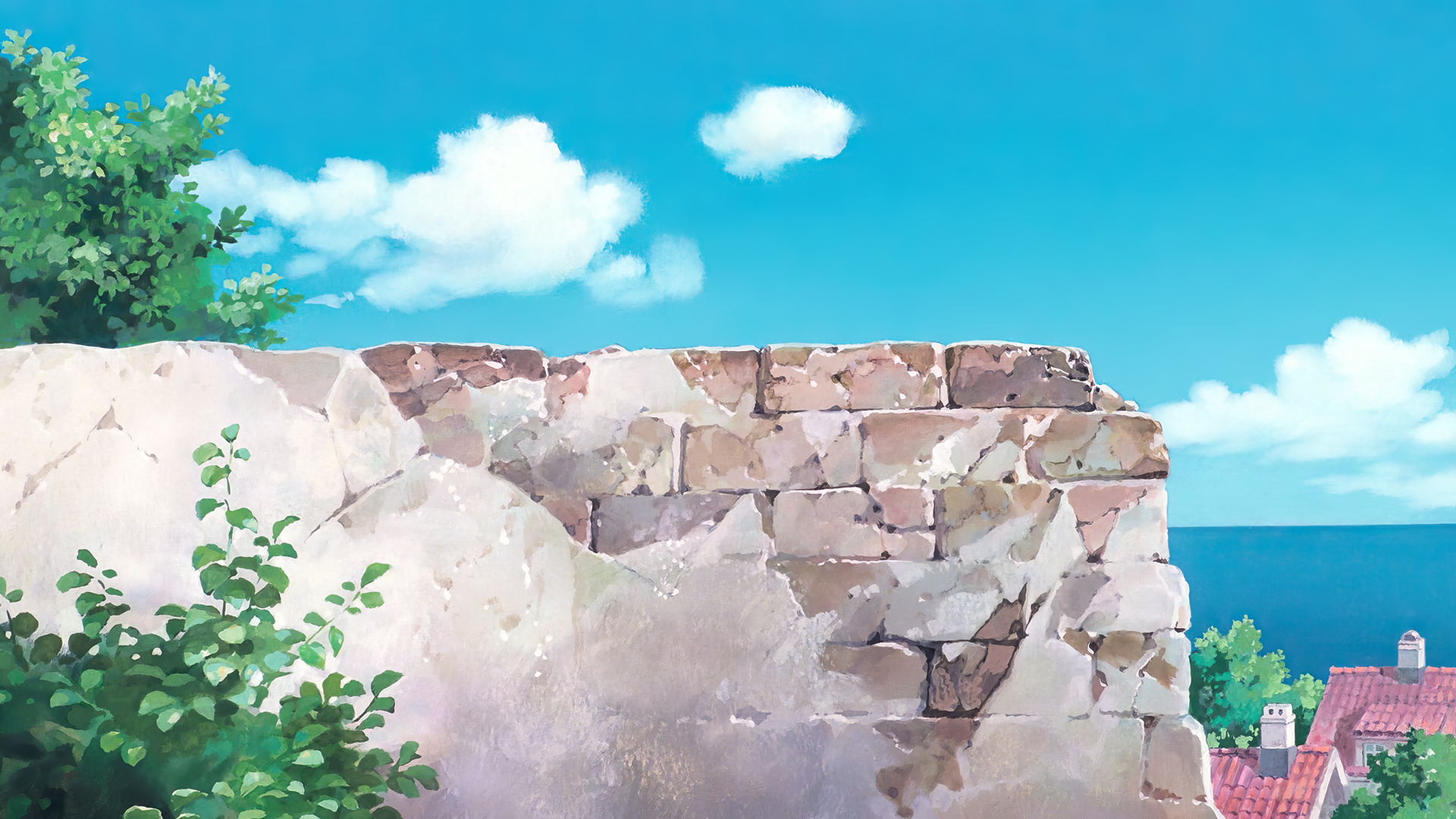 Anime 1920x1080 Kiki's Delivery Service animated movies anime animation film stills Studio Ghibli Hayao Miyazaki sky clouds wall plants sea water house leaves