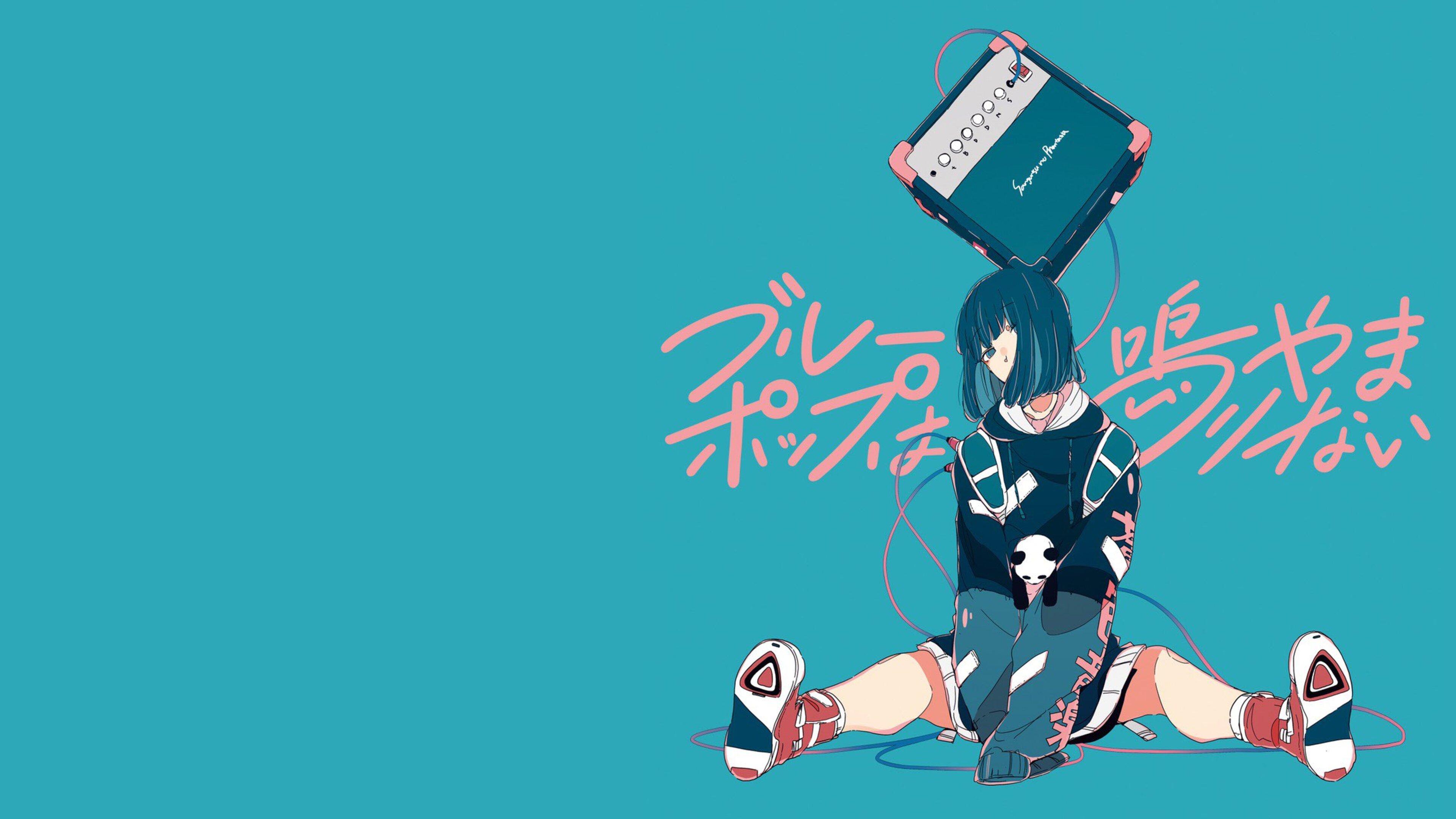 Anime 3840x2160 anime girls minimalism looking at viewer shoe sole short hair blue background simple background jacket panda one eye obstructed blue hair blue eyes long sleeves animals shoulder length hair blue sitting