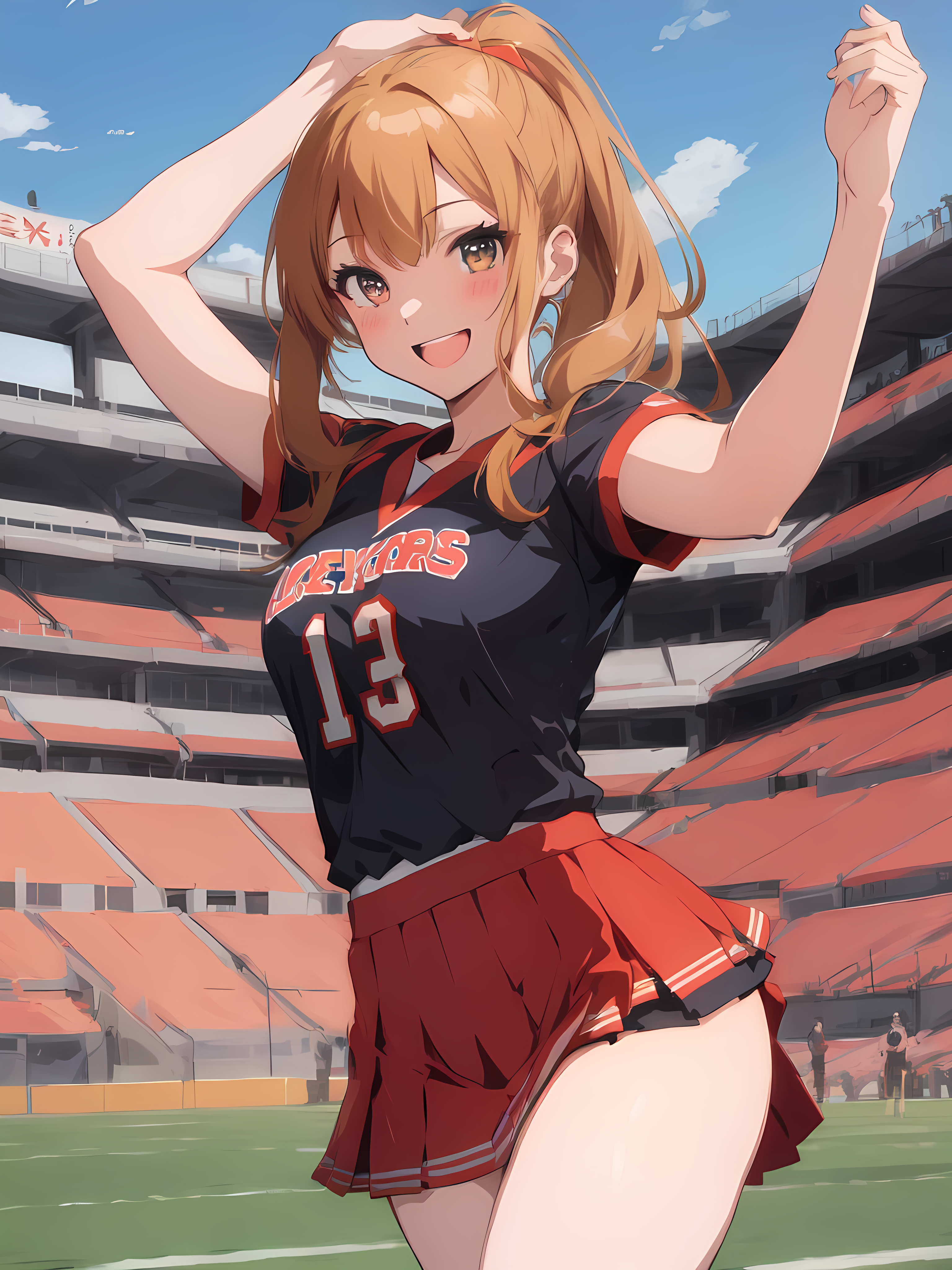 Anime 3072x4096 AI art anime girls cheerleaders skirt portrait display ponytail looking at viewer stadium blushing sky clouds