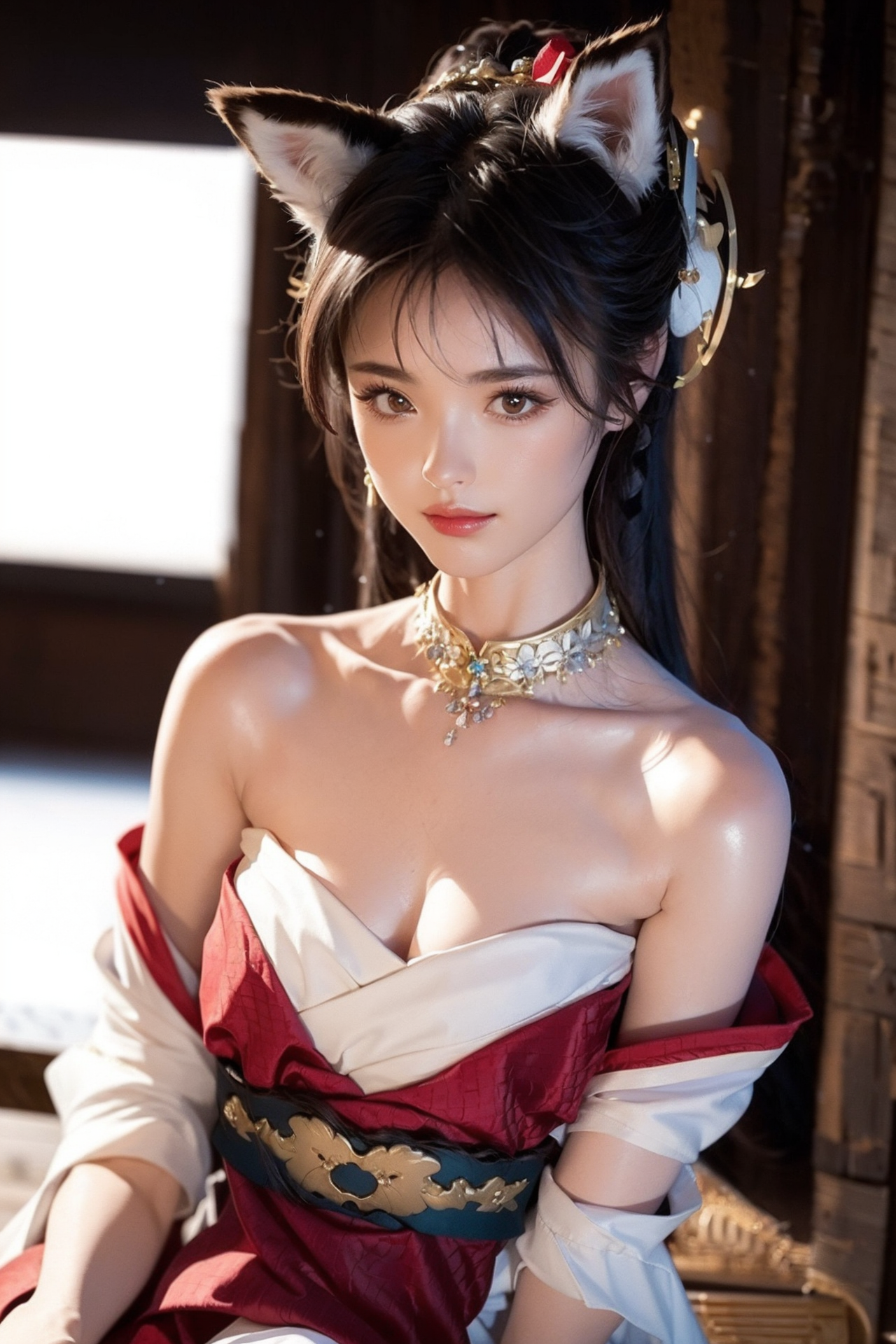 General 1280x1920 women Asian looking at viewer necklace portrait display long hair cleavage fox girl fox ears AI art