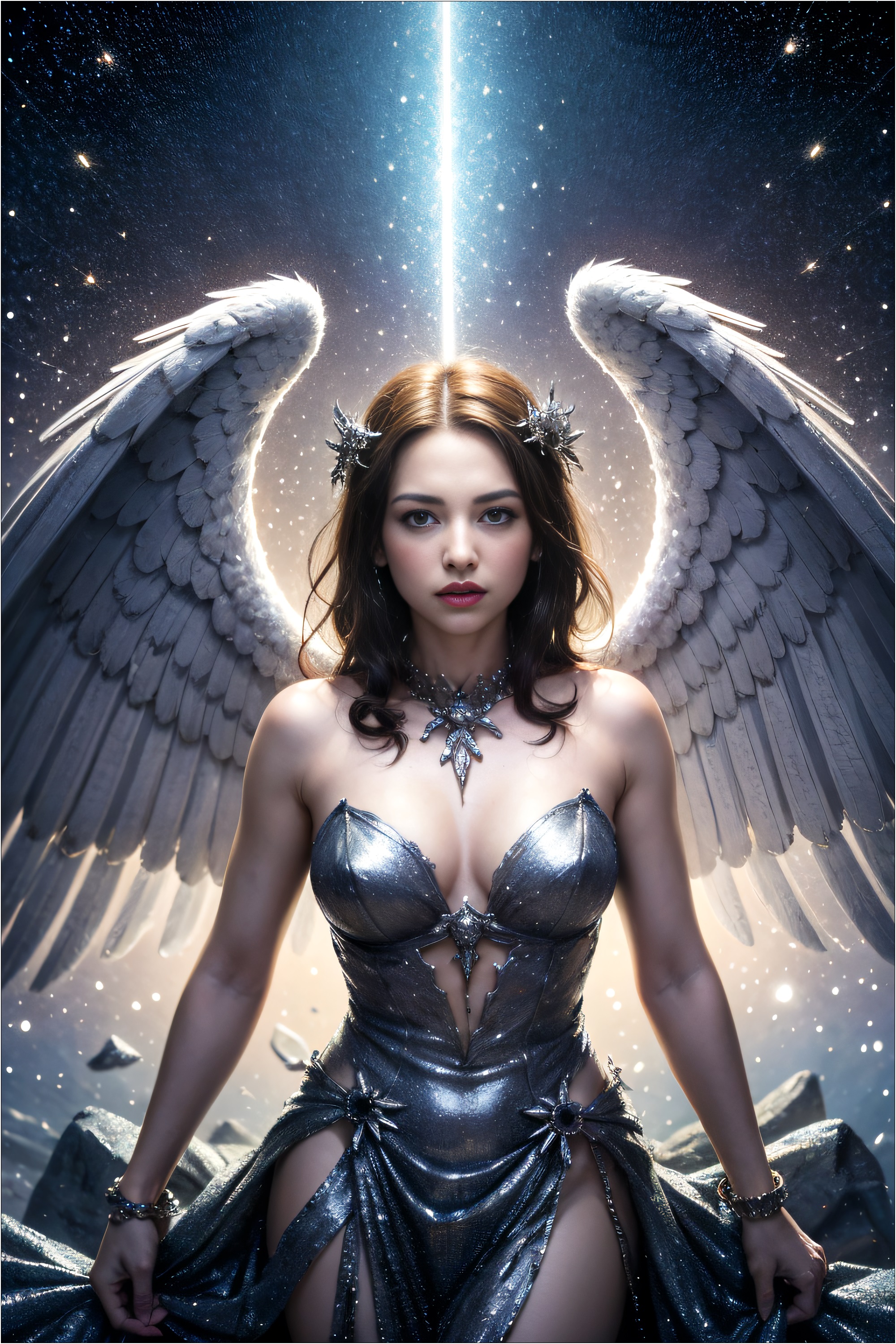 General 2000x3000 Stable Diffusion AI art women angel wings beam portrait display looking at viewer dress stars necklace