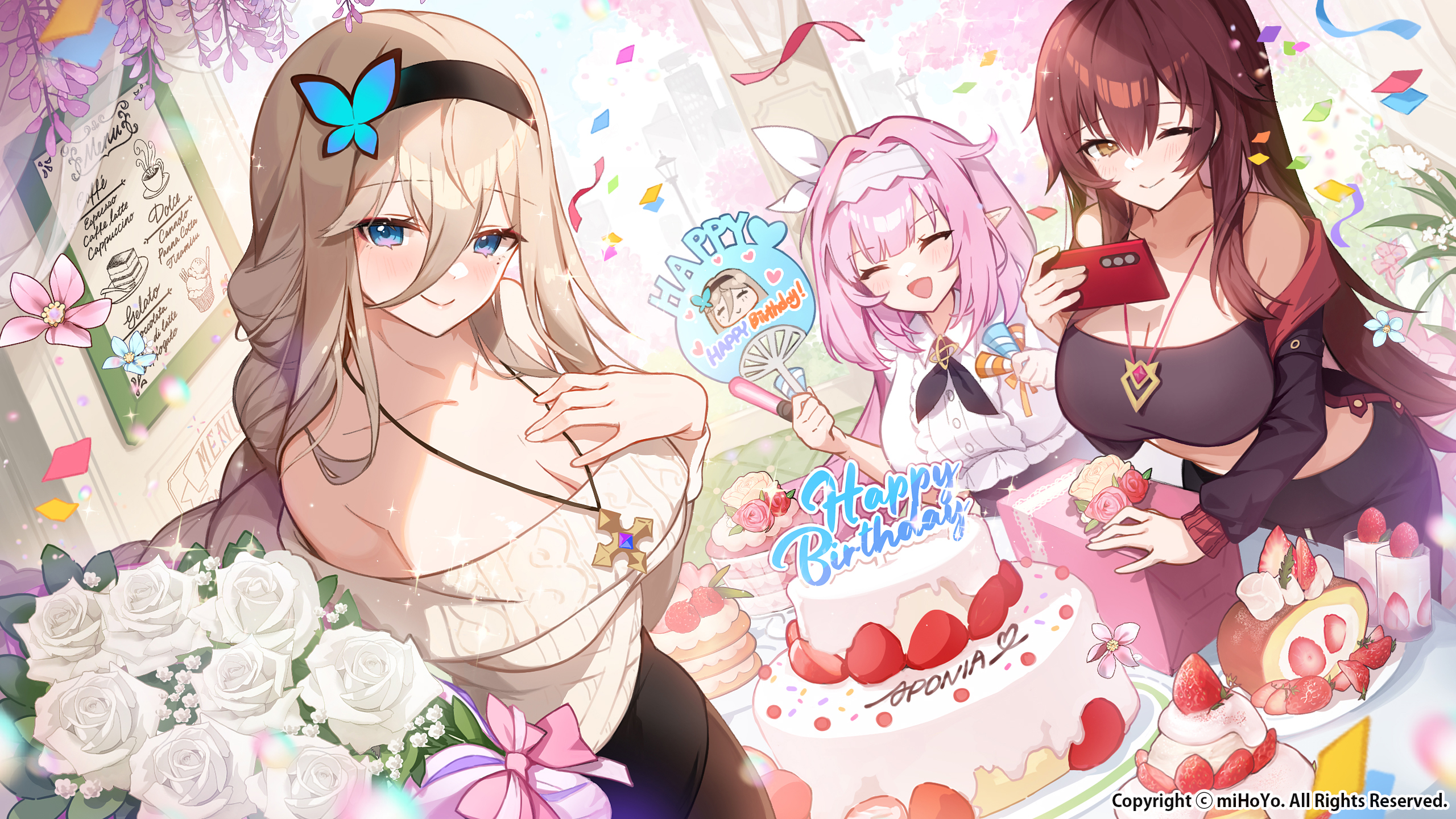 Anime 2560x1440 anime Pixiv anime girls necklace one eye closed wink smiling flowers confetti cake strawberries birthday looking at viewer big boobs cleavage long hair braids pointy ears closed eyes bow tie leaves presents fans phone Honkai Impact 3rd Aponia Eden (Honkai Imapact 3rd) Elysia (Honkai Impact 3rd) Honkai Impact