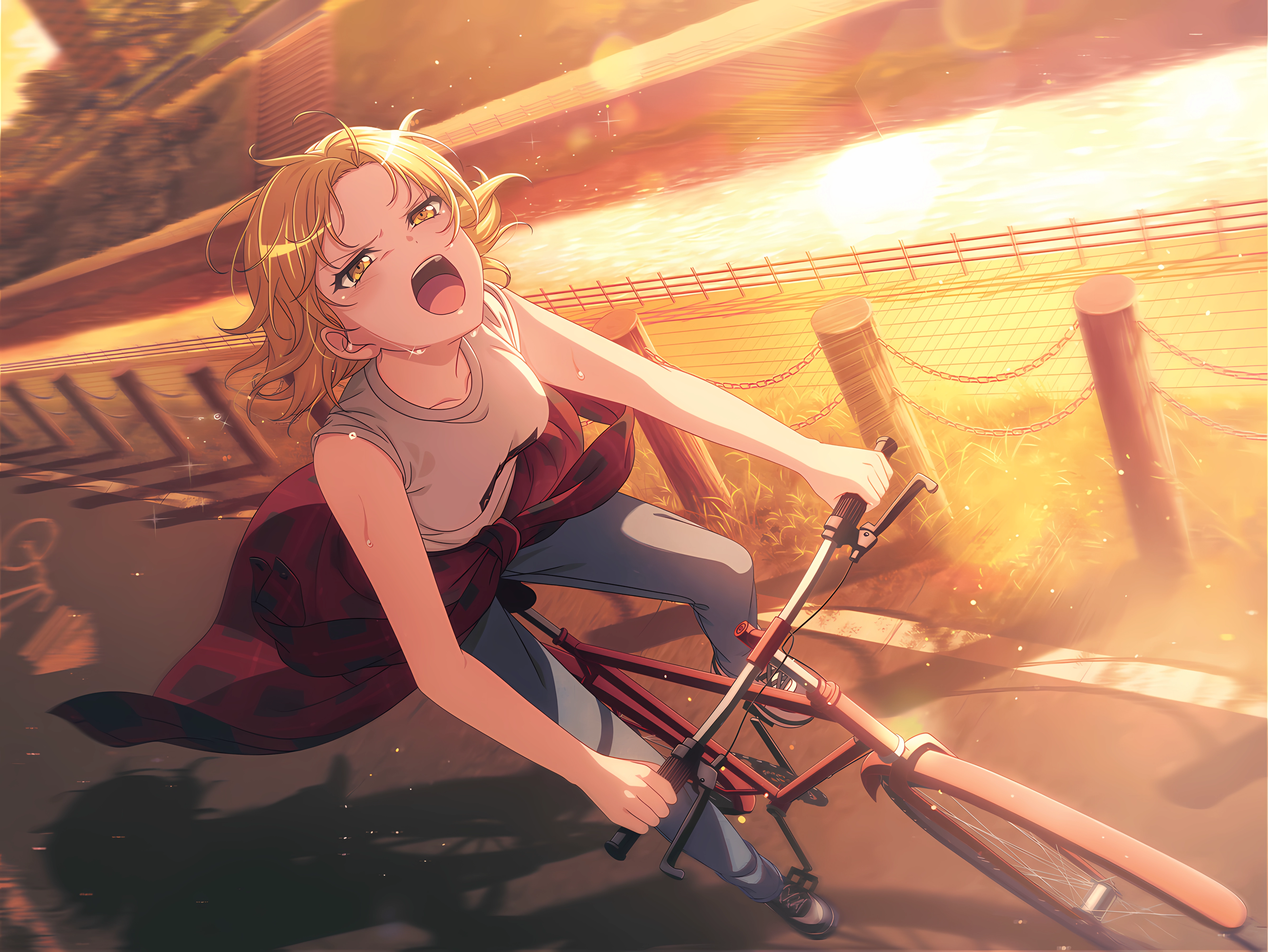 Anime 5336x4008 BanG Dream! anime anime girls Masuki Satou masking bicycle exercise sweat sunset sunset glow open mouth blonde yellow eyes water looking up