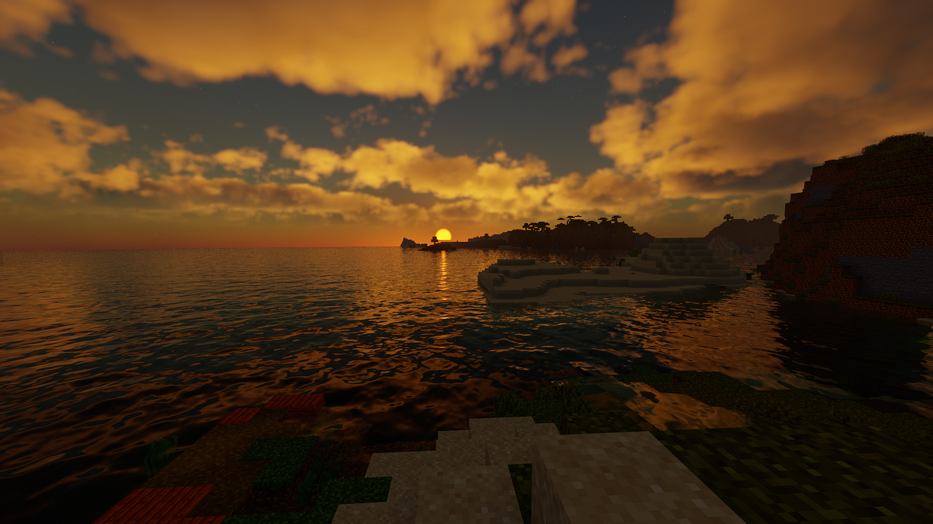 General 1920x1080 Minecraft video games beach sunset water peaceful CGI cube sky clouds Sun sunset glow