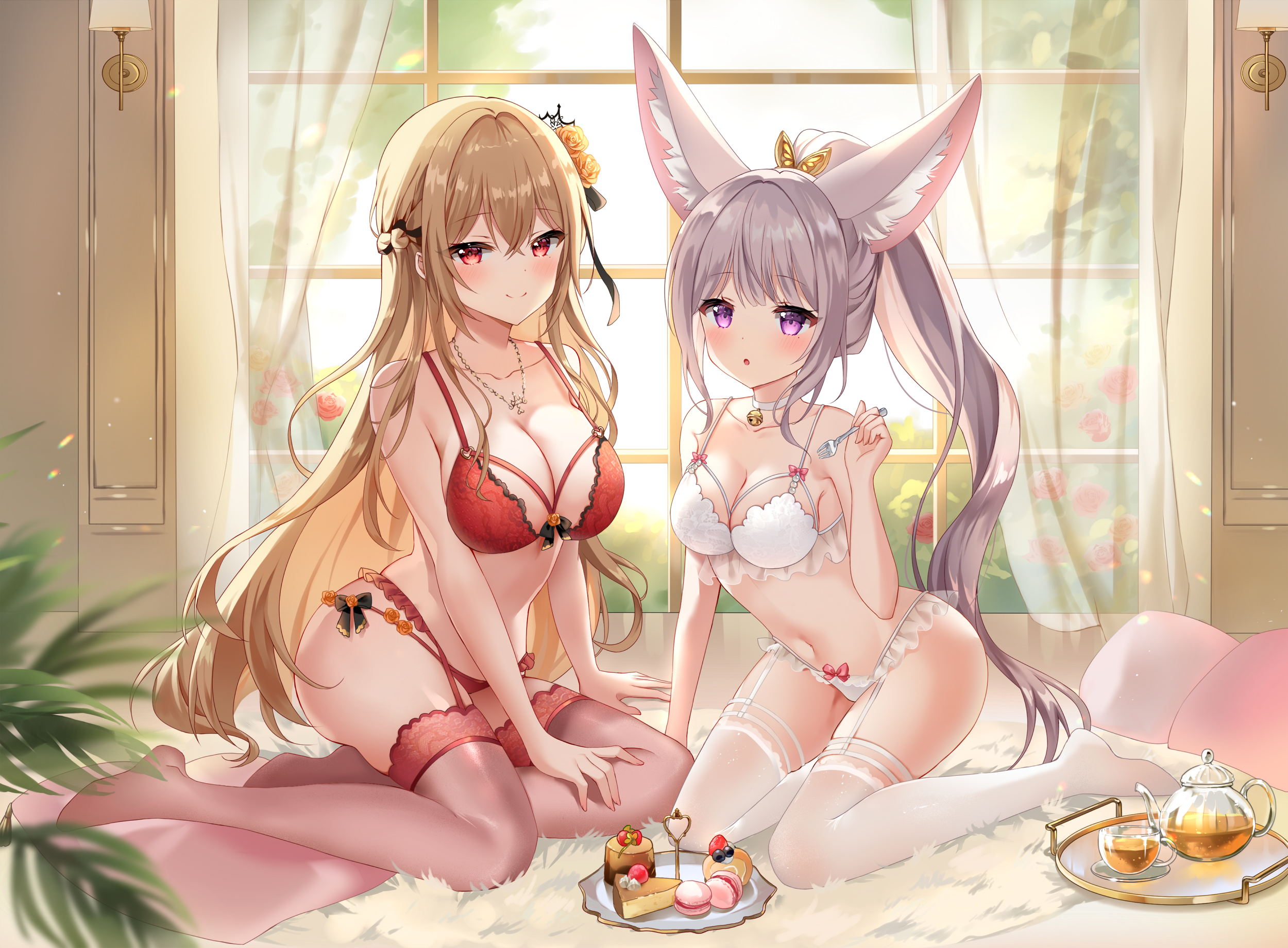 Anime 2500x1840 anime anime girls lingerie stockings cleavage big boobs window curtains looking at viewer fork long hair blushing necklace sweets macarons cake animal ears flowers leaves smiling