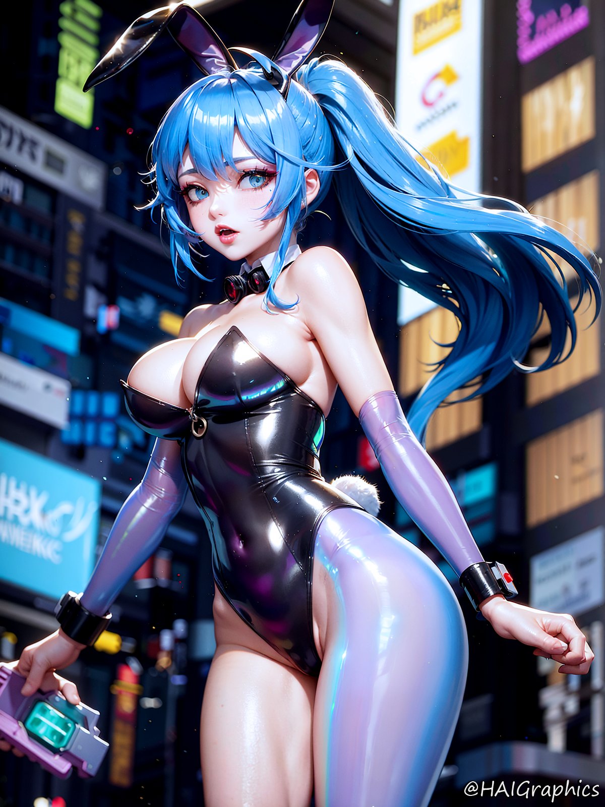 General 1200x1600 AI art Stable Diffusion women Asian portrait display thighs bunny suit bunny ears bunny tail big boobs long hair lights cyan hair aqua eyes looking at viewer city city lights black leotard latex cleavage