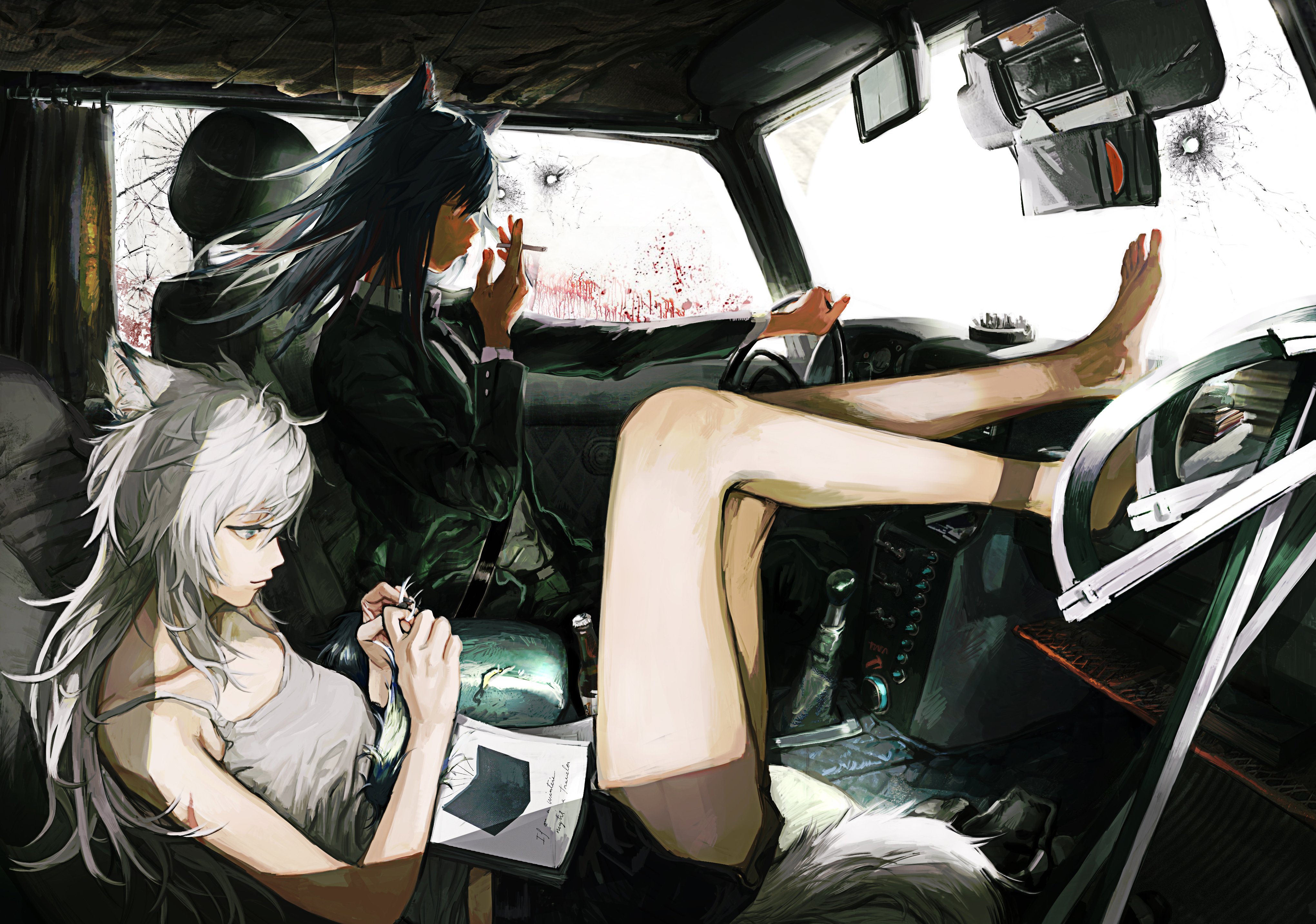 Anime 4082x2867 anime girls car animal ears blood Arknights interior cigarettes smoking feet wolf girls wolf ears wolf tail long hair profile Texas (Arknights) Lappland (Arknights) Deatiose